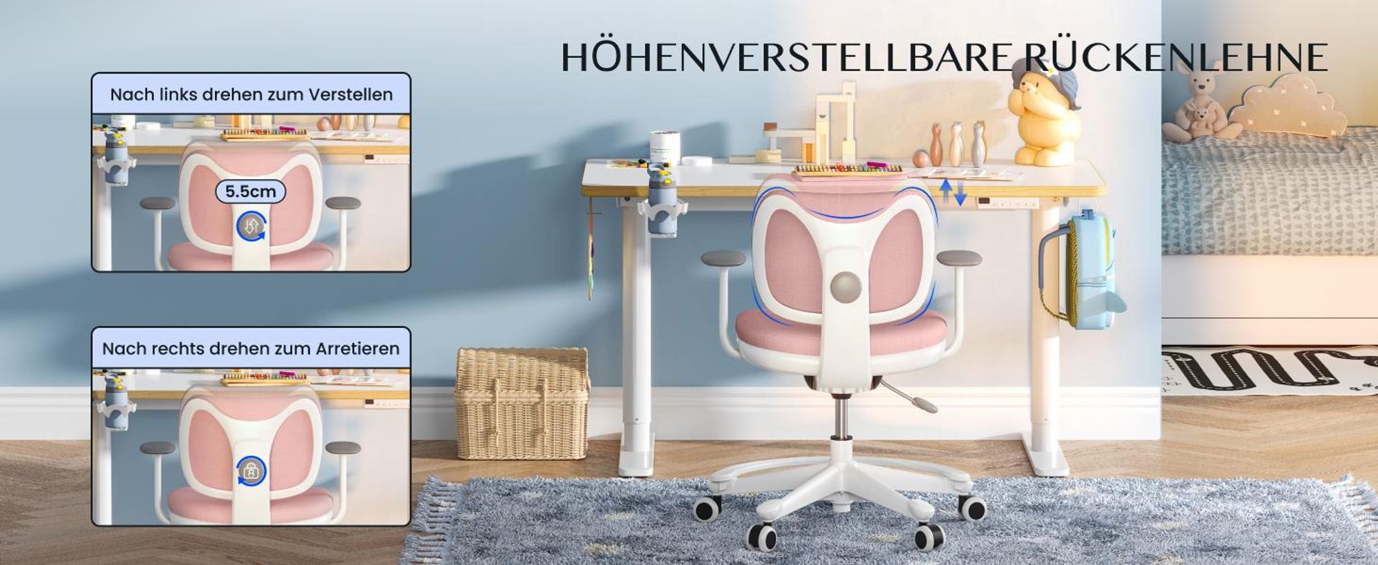 FLEXISPOT Kinderschreibtisch und Stuhl Set, elektrisch höhenverstellbar Schreibtisch, für Kinder ab 6 Jahren, mit 3 Speicherplätzen, Kindersicherung