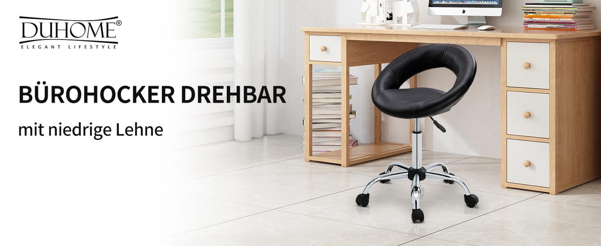 Duhome Rollhocker Drehhocker Schminkhocker Kunstleder Drehstuhl mit Lehne Bürohocker Höhenverstellbar, Schwarz
