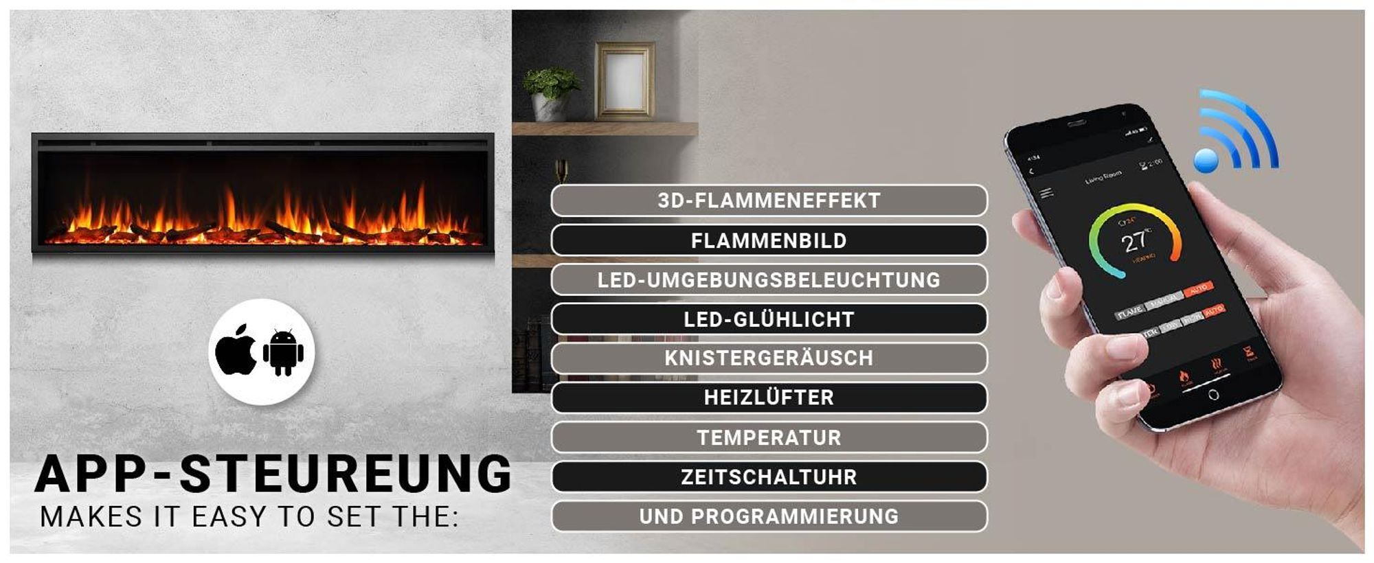 BALDERIA Elektrokamin Atalanta 72" | Einbaukamin, LED 3D-Flammeneffekt, LED-Ambientebeleuchtung, Heizung 1500W, App, Knistereffekt, Timer, Thermostat, Offene-Fenster-Erkennung, Fernbedienung | Schwarz