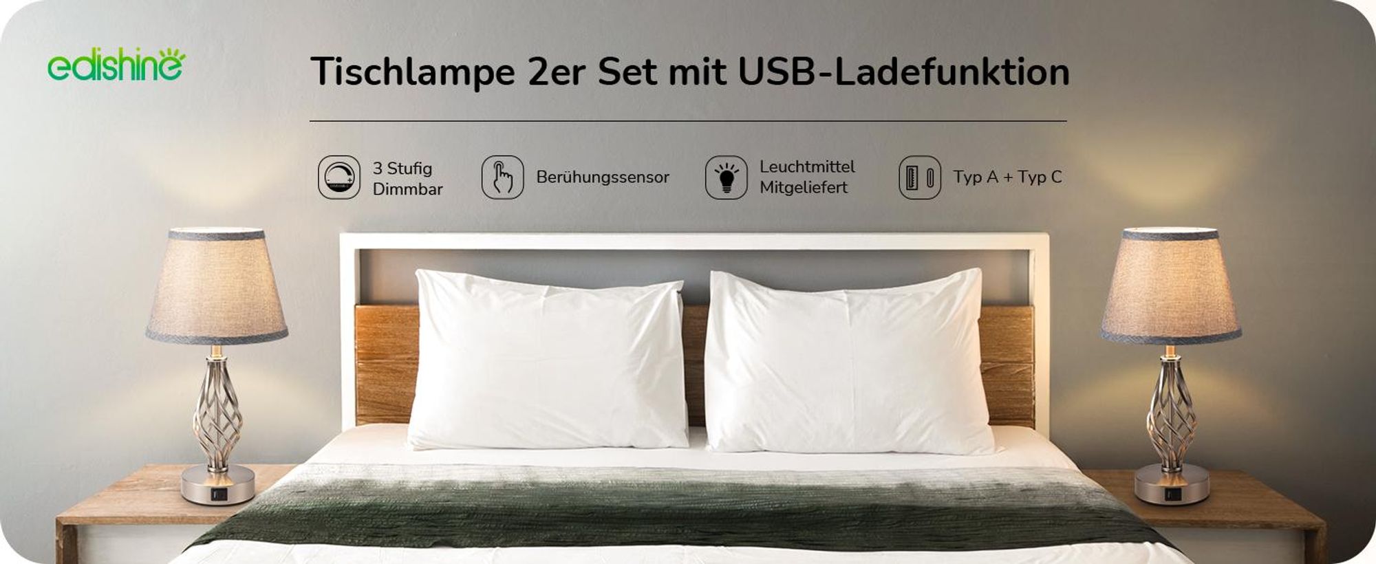 EDISHINE 2 Nachttischlampe Dimmbar mit USB Ladefunktion, LED Tischlampe mit 2 Glühbirne, Grau