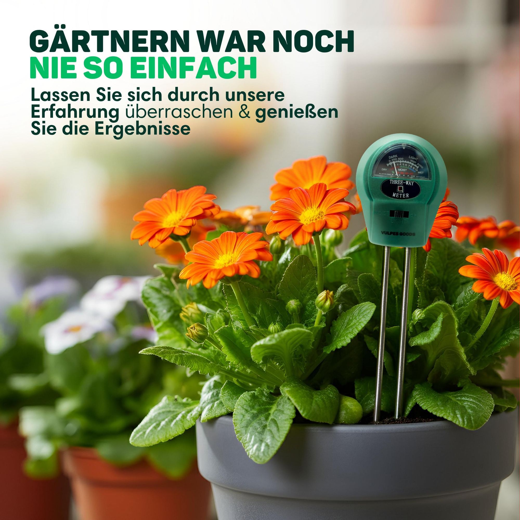 Vulpes Goods Boden Feuchtigkeitsmessgerät, Für Pflanzen, 3-in-1, Feuchtigkeitsmesser für die Gartenarbeit, pH Licht, Blumen, Pflanzen, Boden testen