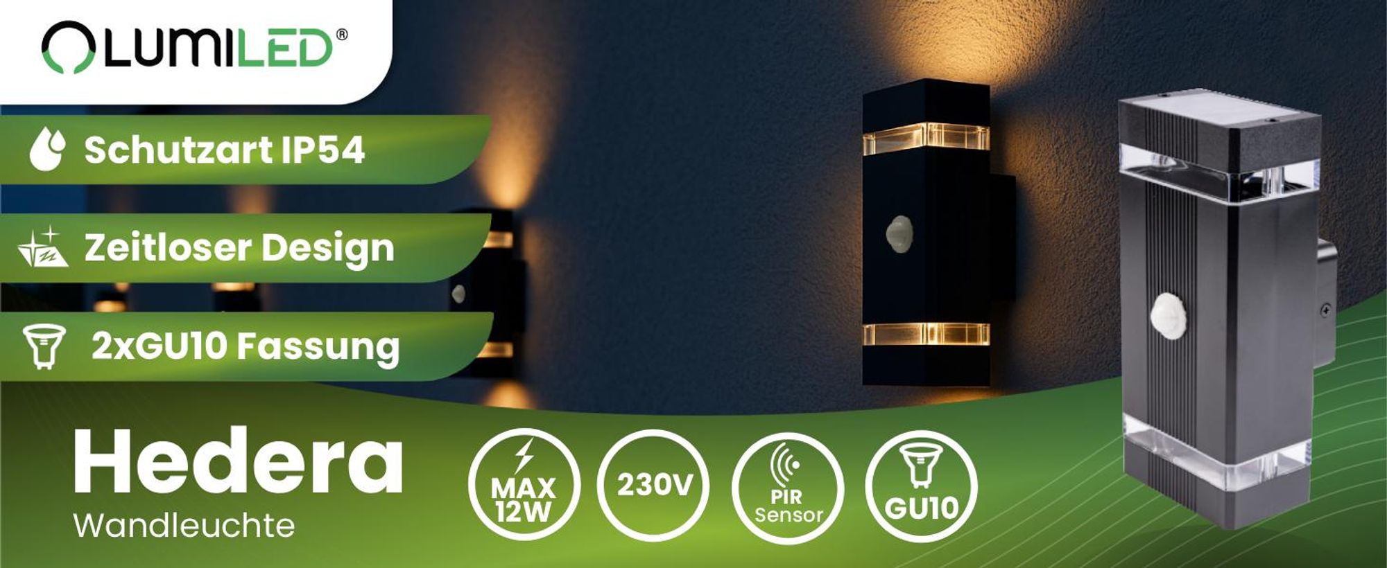 LUMILED Außenwandleuchte mit Bewegungsmelder Wandlampe Außenleuchte Wand GU10 Fassung (max. 12W LED) IP54 Wandleuchter oben und unten Terrasse Fassade rechteckig Kunststoff