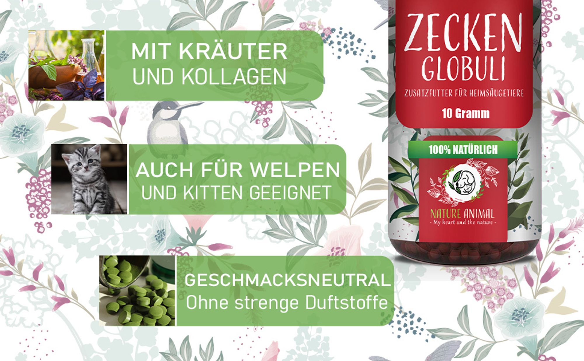 Nature Animal® Zecken Kügelchen - zum Schutz vor Zeckenbefall – für Hunde und Katzen – Zeckenschutz Hund – keine Zecken – Zecken - Zecken Hund