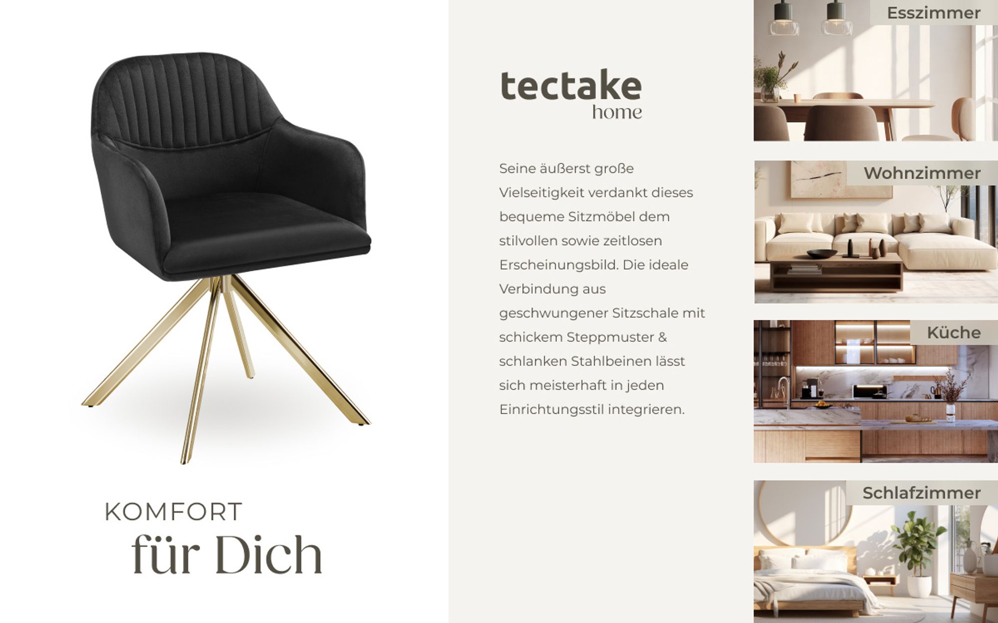 tectake® Samt-Drehstuhl Lona gepolstert 56 x 59 x 81 cm
