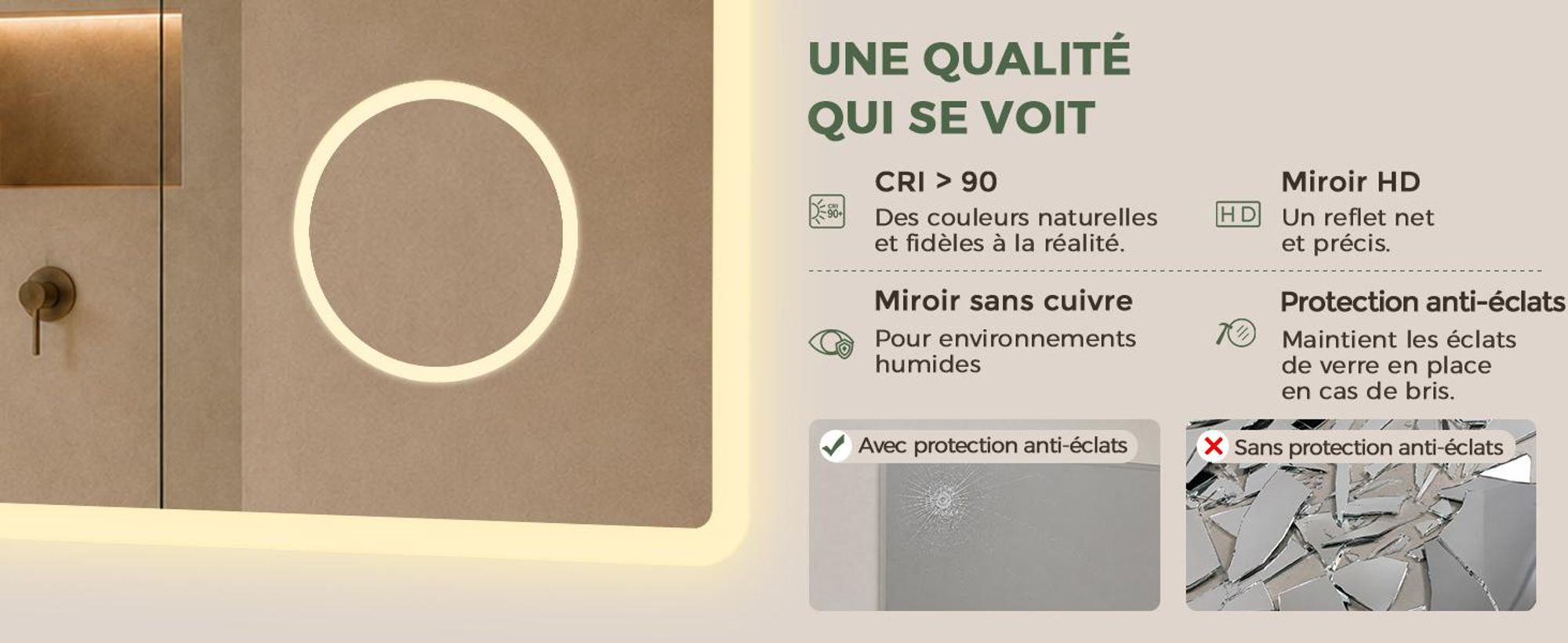 S'AFIELINA Miroir salle de bain LED avec Bluetooth 5.3, 120 × 60 cm, Miroir grossissant 3×, antibuée, 3 couleurs, intensité réglable, tactile & mémoir