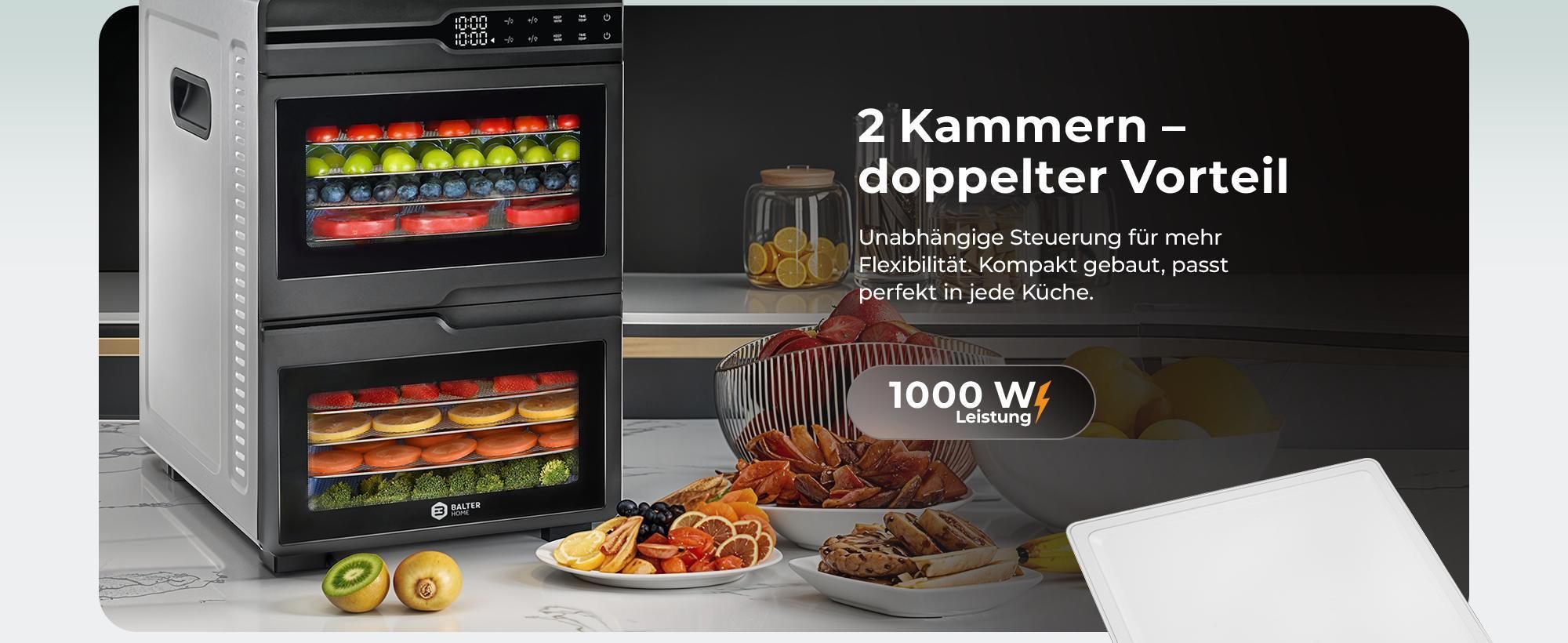 Balter Dörrautomat Edelstahl mit 12 Etagen & 2 Kammern, 1000 W, Dörrgerät, LED-Display, 48-Stunden-Timer und Temperaturregelung, Dehydrator, BPA-frei