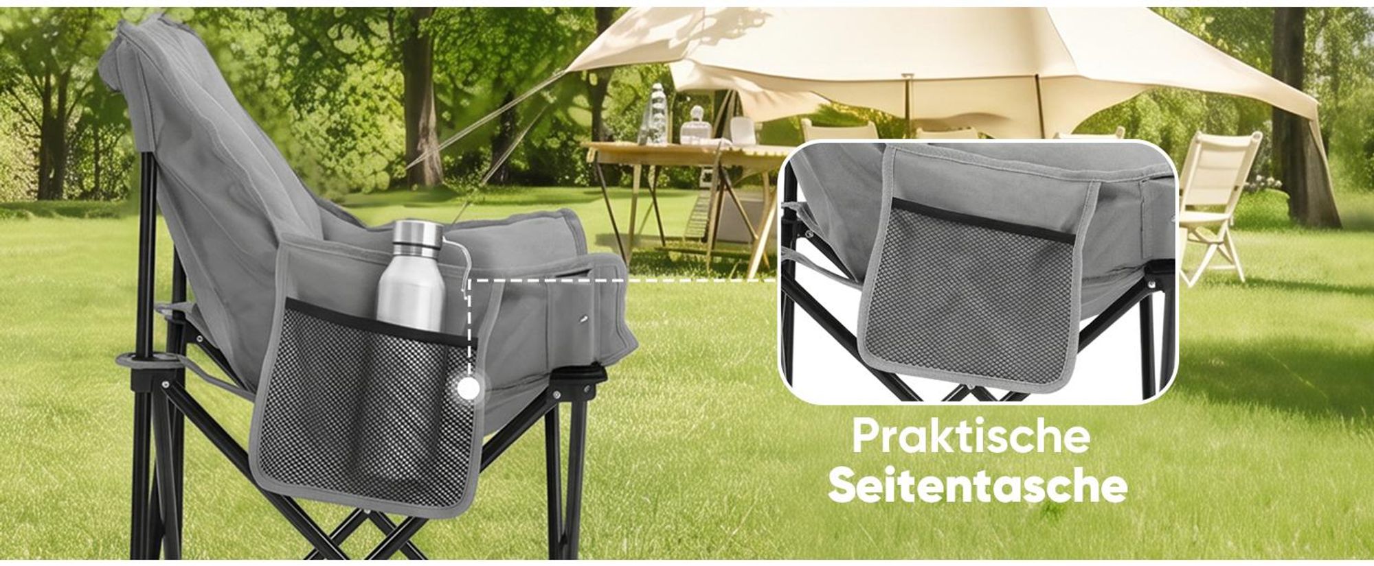 Sekey Campingstuhl Gepolstert Klappstuhl Camping Faltstuhl Angelstuhl bis 130 kg, Grau