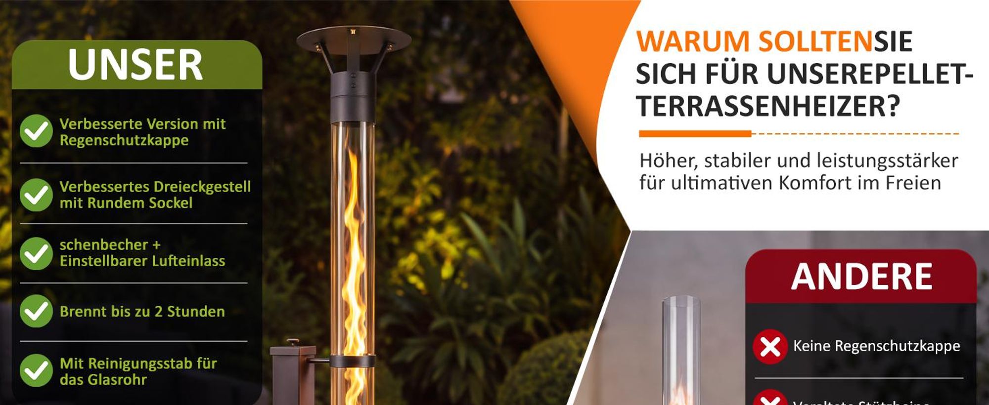ZMH Stufa a pellet autoportante 6KW nero 167cm tubo vetro camino giardino base cilindrica fiamma regolabile riscaldatore terrazzo durata combustione
