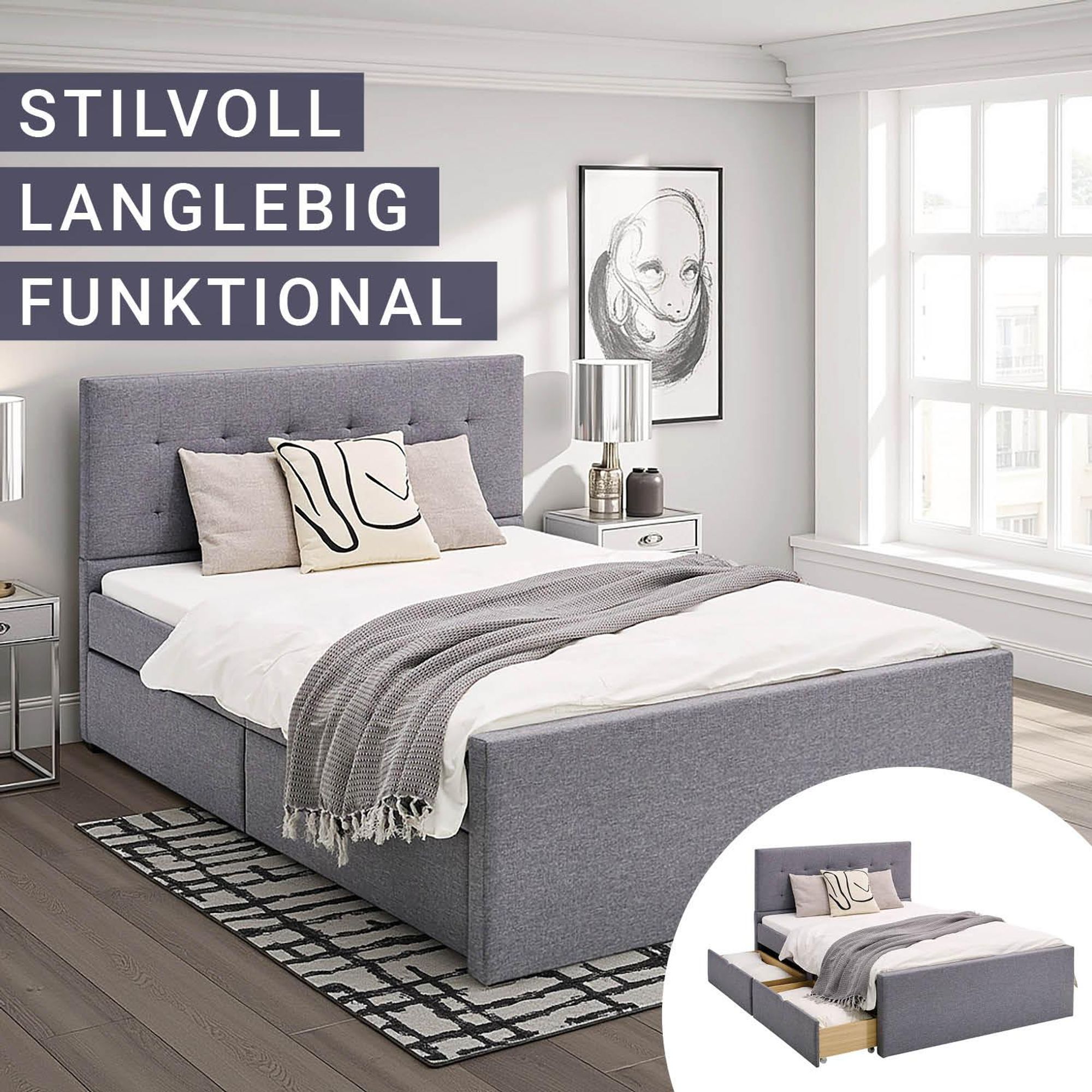 Das Bild zeigt ein graues Polsterbett im Schlafzimmer. Es hat 2 Schubkästen und ein hohen Kopfteil.