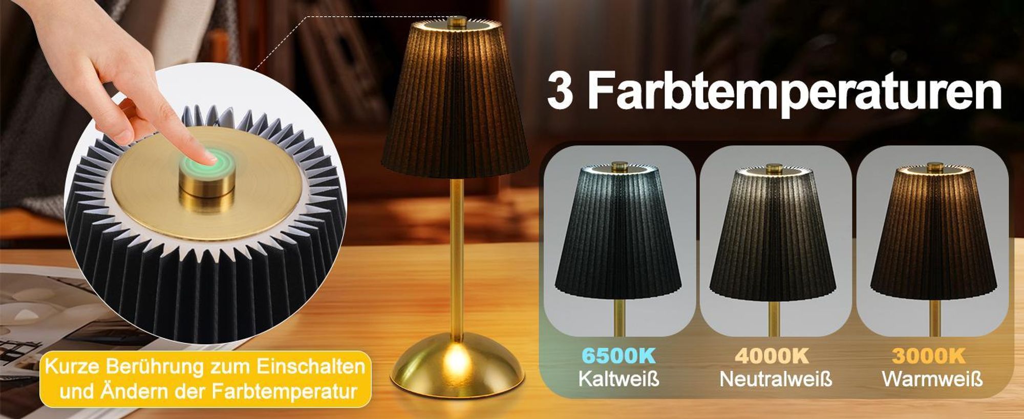ZMH Lampa Stołowa Bezprzewodowa Lampa Nocna Zestaw 2 Bateryjnych Dotykowych Lamp Stołowych Czarna Ściemnialna 3 Kolorowa Lampa Sypialniana z USB Materiałowa Lampa Wewnętrzna do Jadalni