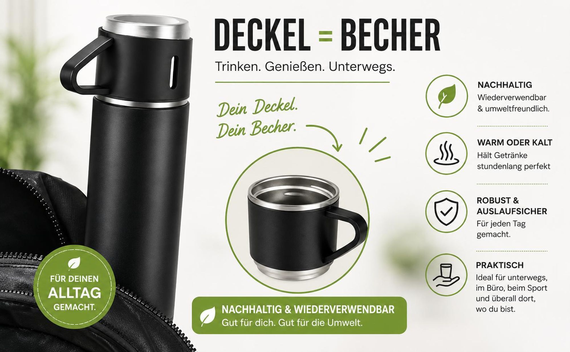 Thermosflasche Set mit Becher Thermoskanne Thermosbecher Isolierflasche Outdoor Heiß Kalt Vakuum Reisebecher 2 extra Bechern Auslaufsicher Edelstahl
