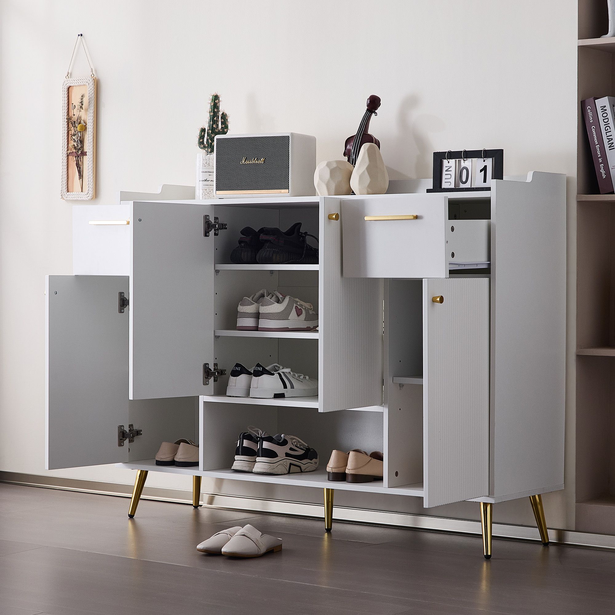 Merax Schuhschrank mit 2 Schubladen und 4 Türen, modernes Design mit Metallfüßen, Maße: H100/B130/T37 cm