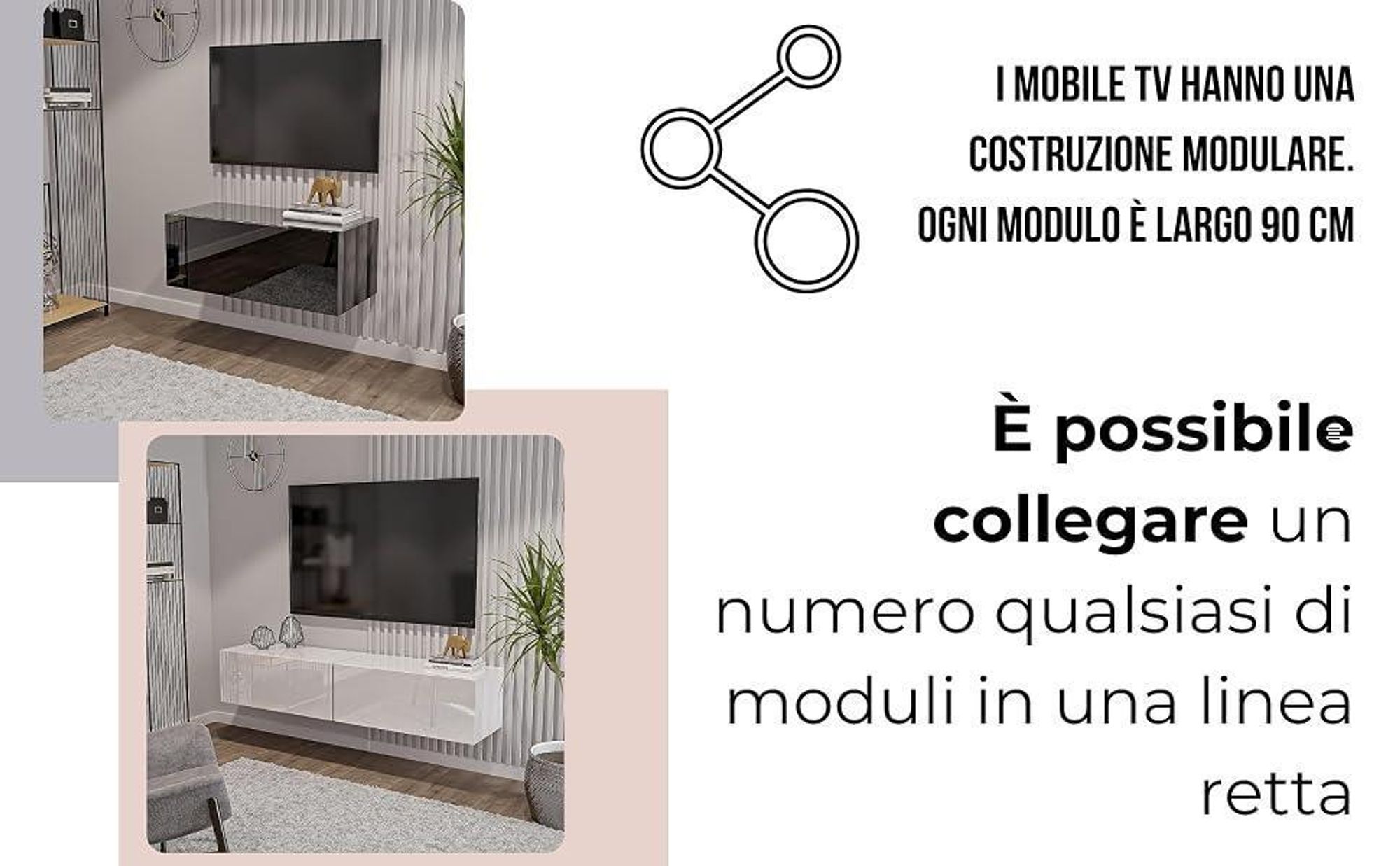 HAJDUK FURNITURE Mobile TV Sospeso Nero Lucido 270 cm (3x90) Supporto TV Parete Attrezzata Moderna Credenza Soggiorno Camera Ingresso