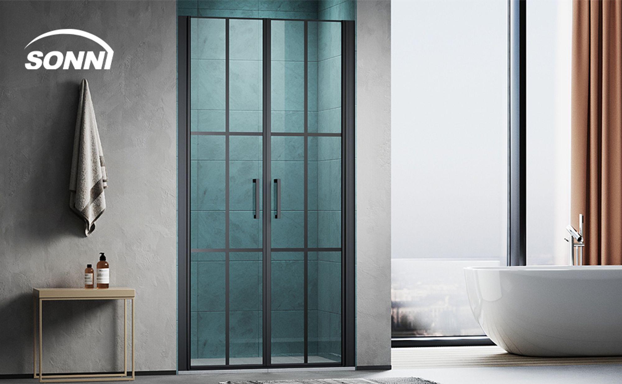 SONNI Duschtüren Nischentür 90x195cm Doppeltür Pendeltür Duschabtrennung Nischendrehtür Duschtür Schwingtür Duschkabine ESG Glas Schwarz