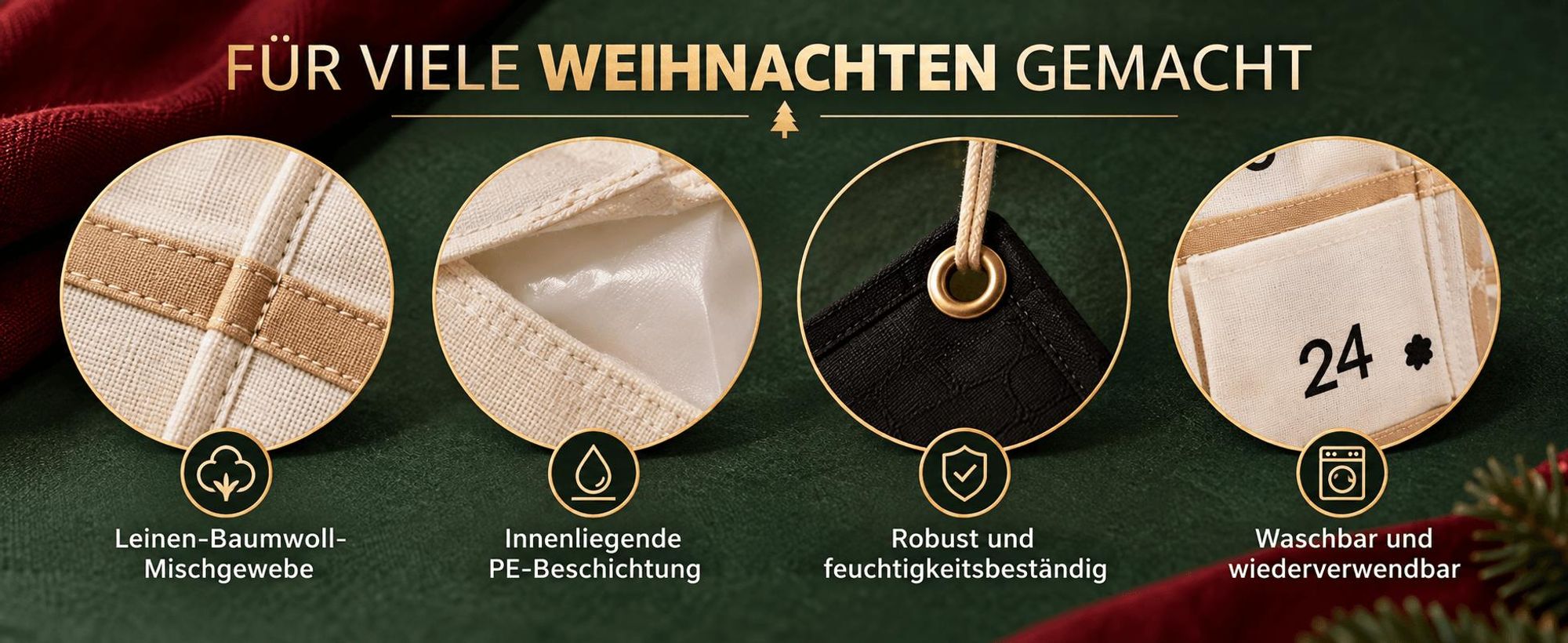 Adventskalender 24 Taschen zum Befüllen, Stoff Weihnachtskalender zum Aufhängen, wiederverwendbar, Weihnachtsdeko