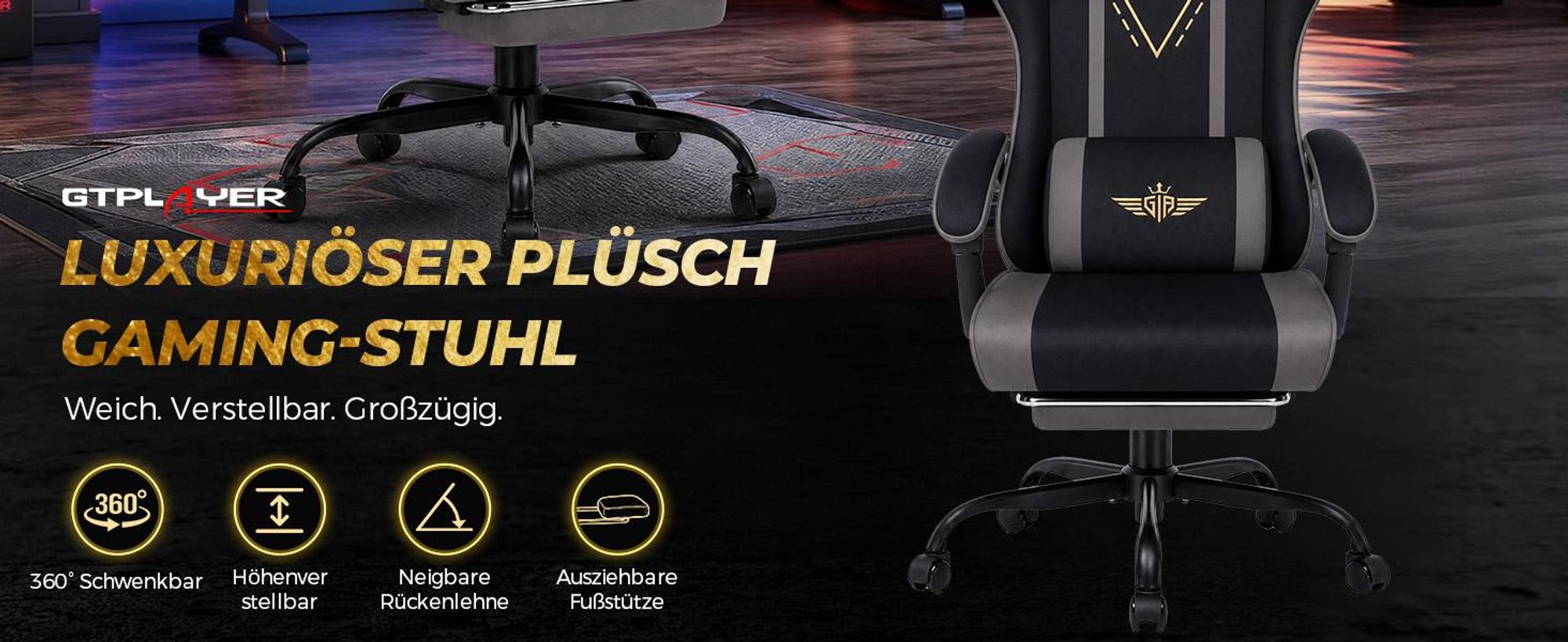 GTPLAYER Gaming Stuhl Ergonomischer Gaming Sessel Schreibtischstuhl mit Stoffoberfläche, Federsitzkissen, Verbindungsarmlehnen und Fußstütze 150KG, gr