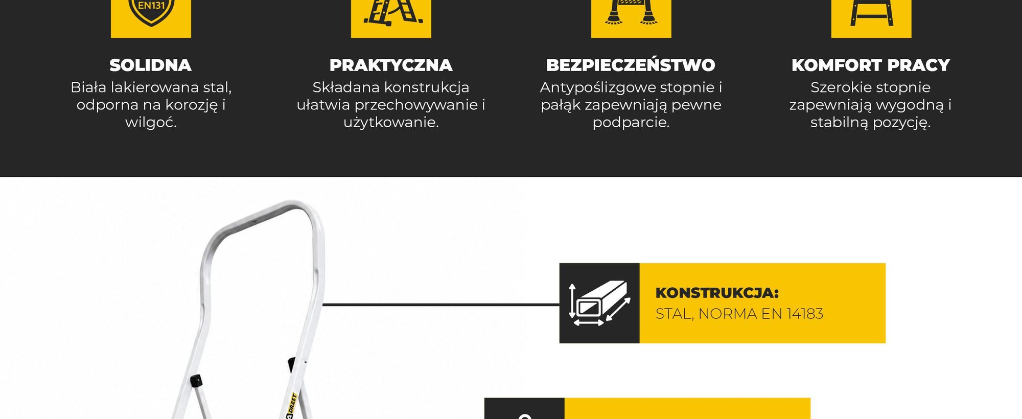 DRABEST | Drabina 3-stopniowa, nośność 150 kg, drabina krokowa, drabina rozkładana, drabina wolnostojąca, drabina dwustopniowa, drabina - seria PRO