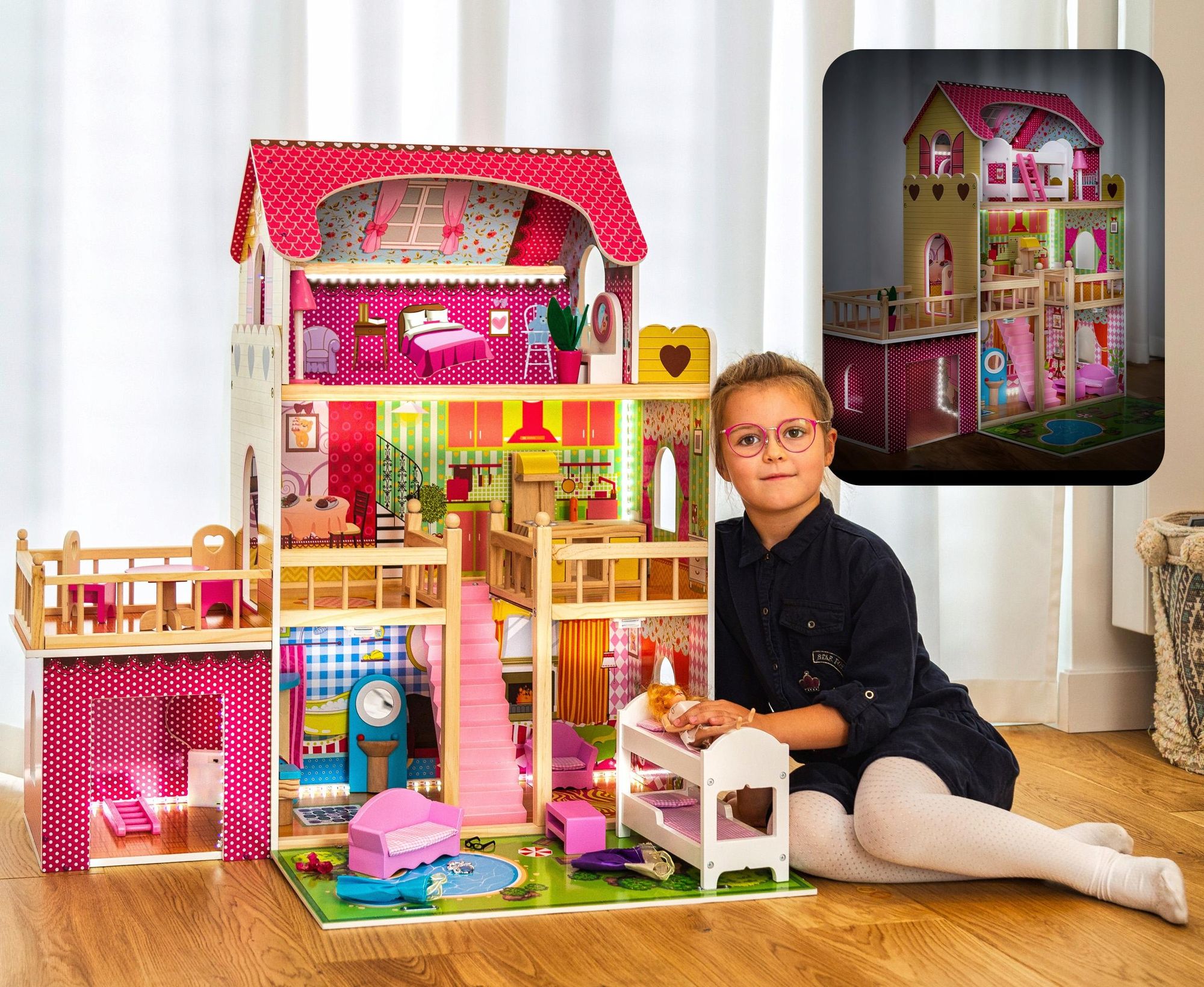 Holz Puppenhaus mit LED-Beleuchtung