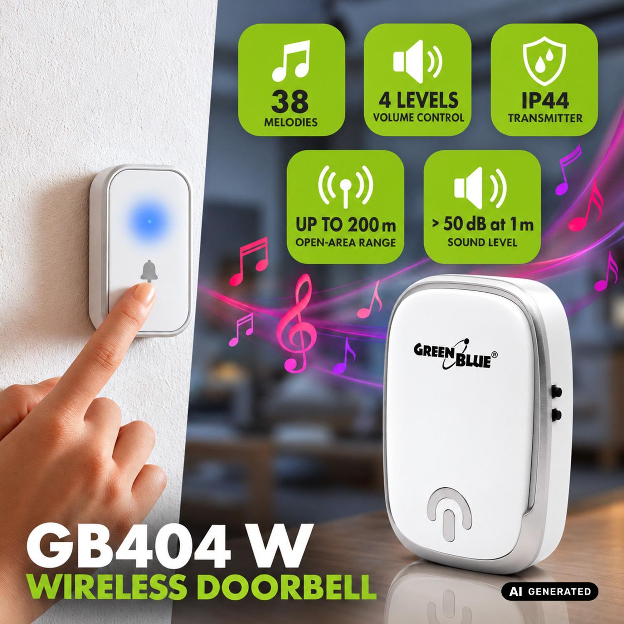 GreenBlue Funkklingel GB404 W, 38 Melodien, 90 dB, Reichweite 200 m, weiß