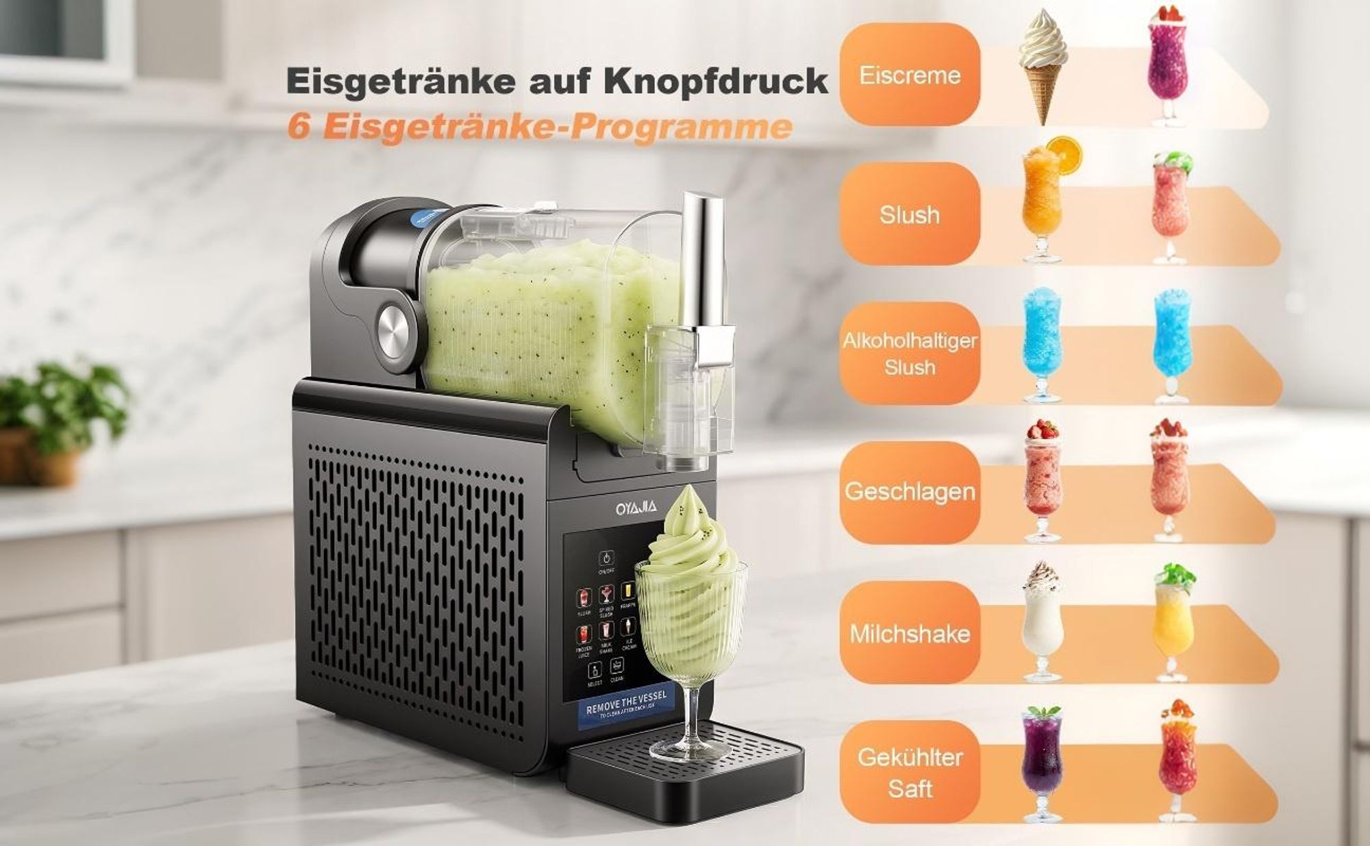 Slush Maschine – 1,8 L Eismaschine, mit LED-Display, 6 Programmen für Eiscreme, Frappés, Milchshakes, automatischer Reinigung, kein Eis erforderlich