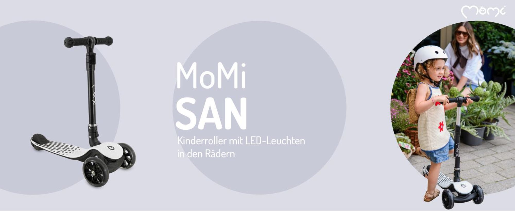 MoMi SAN 2-in-1 3-Rad-Kinderroller – höhenverstellbarer Lenker 60/66/72 cm, klappbar, LED-Räder, ABEC-7, Trittbremse, 2,7 kg