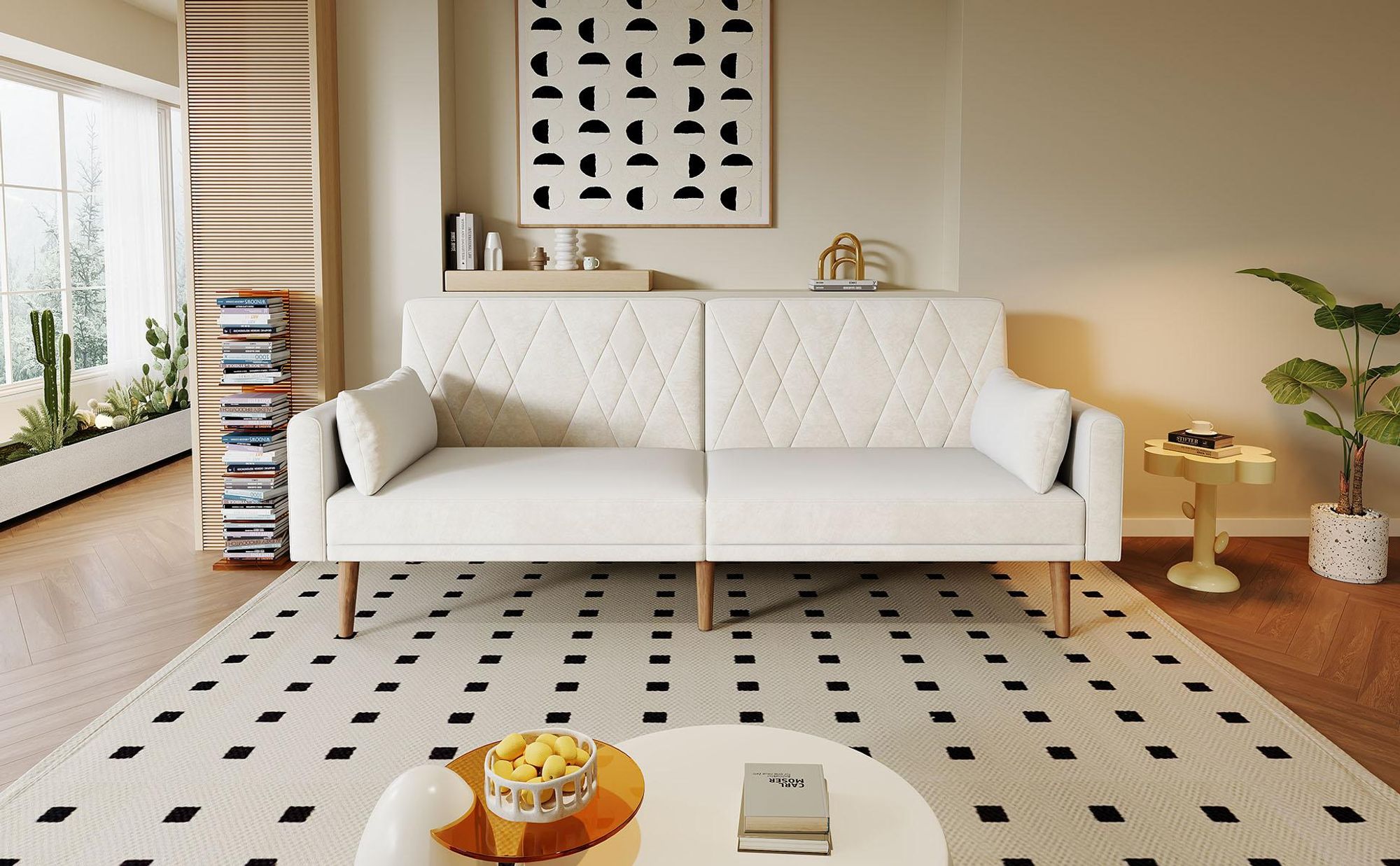 Merax Schlafsofa, Zweisitzer Sofa mit Schlaffunktion, verstellbare Rückenlehne & Armlehnen, 2 Kissen, Couch, Bettsofa, Wohnzimmersofa, Samt, Beige