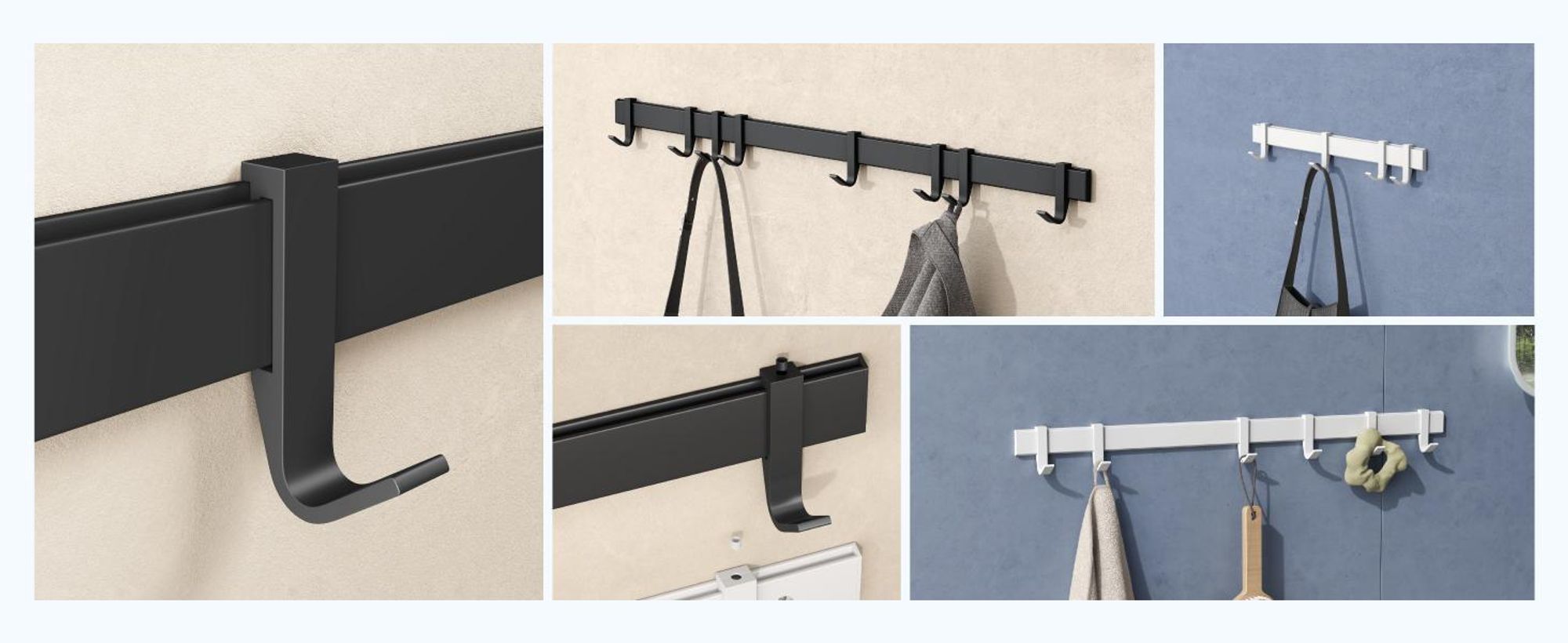 doporro Garderobenhaken Aluminium, 6 Verschiebbare Wandhaken, selbstklebend & stabil, Kleiderhaken Wand für Jacken und Handtücher Matt Schwarz Stalo-12