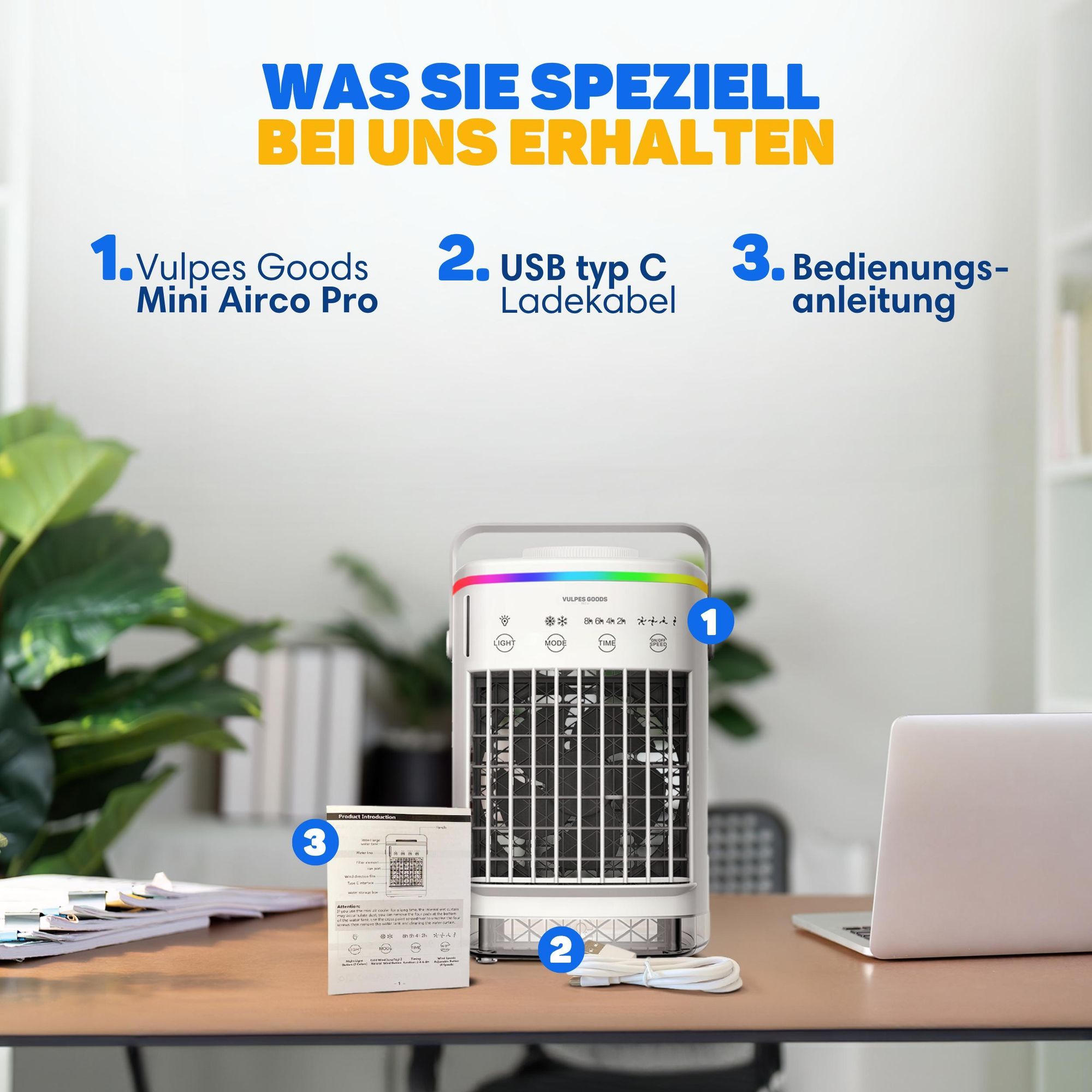 Vulpes Goods Mini-Klimaanlage, Mobile Klimaanlage, Luftkühler 4-in-1, 4 Windgeschwindigkeiten, 2 Luftbefeuchtungsmodi, Timer, Auslaufsicher