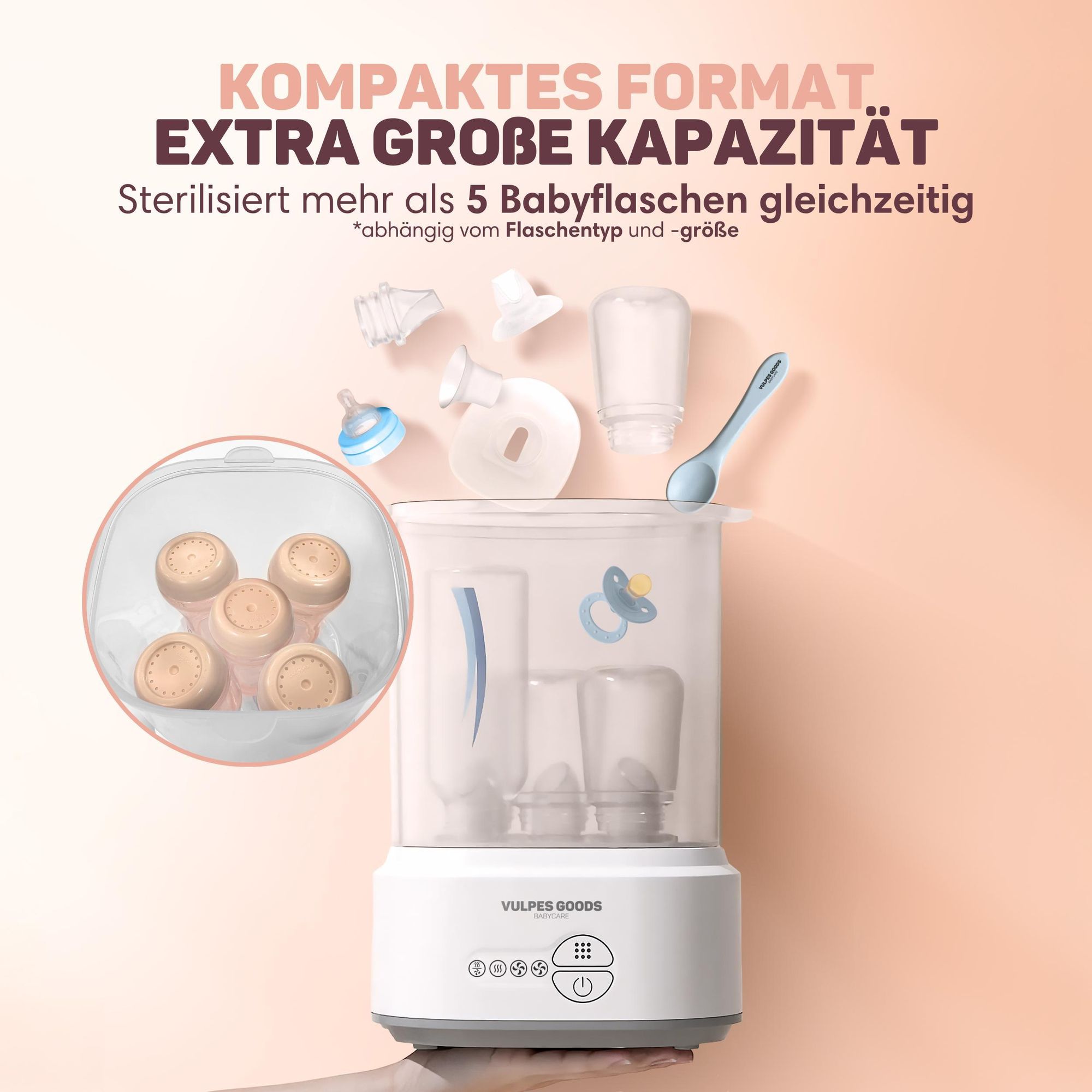 Vulpes Goods PRO Sterilisator für Babyflaschen 5-in-1 Komplettfunktion, Flaschensterilisator Baby Reinigungsset mit Dampftechnologie