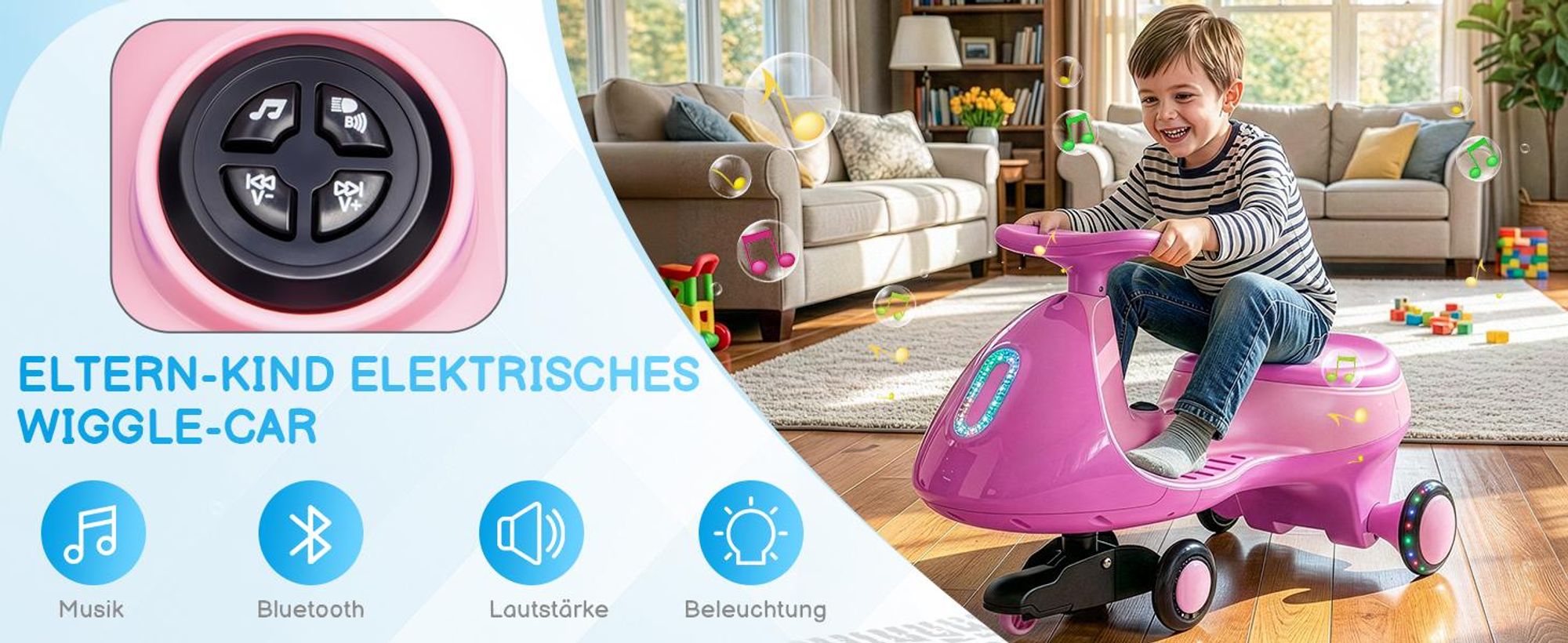 Kinder-Elektroauto 12V, Elektrisches Rutschauto mit Pedal, 2 Geschwindigkeiten und Kippschutz, Bluetooth, für Kinder ab 3 Jahren,Fuchsia & Rosa