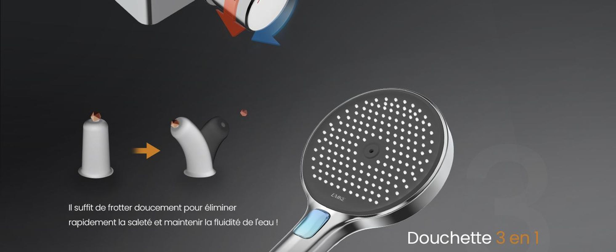 EMKE Système de douche avec thermostat - Ensemble de robinetterie de douche en acier inoxydable, douchette à main 3 jets, douche de pluie ronde, robinetterie de salle de bains & douche, chrome F22