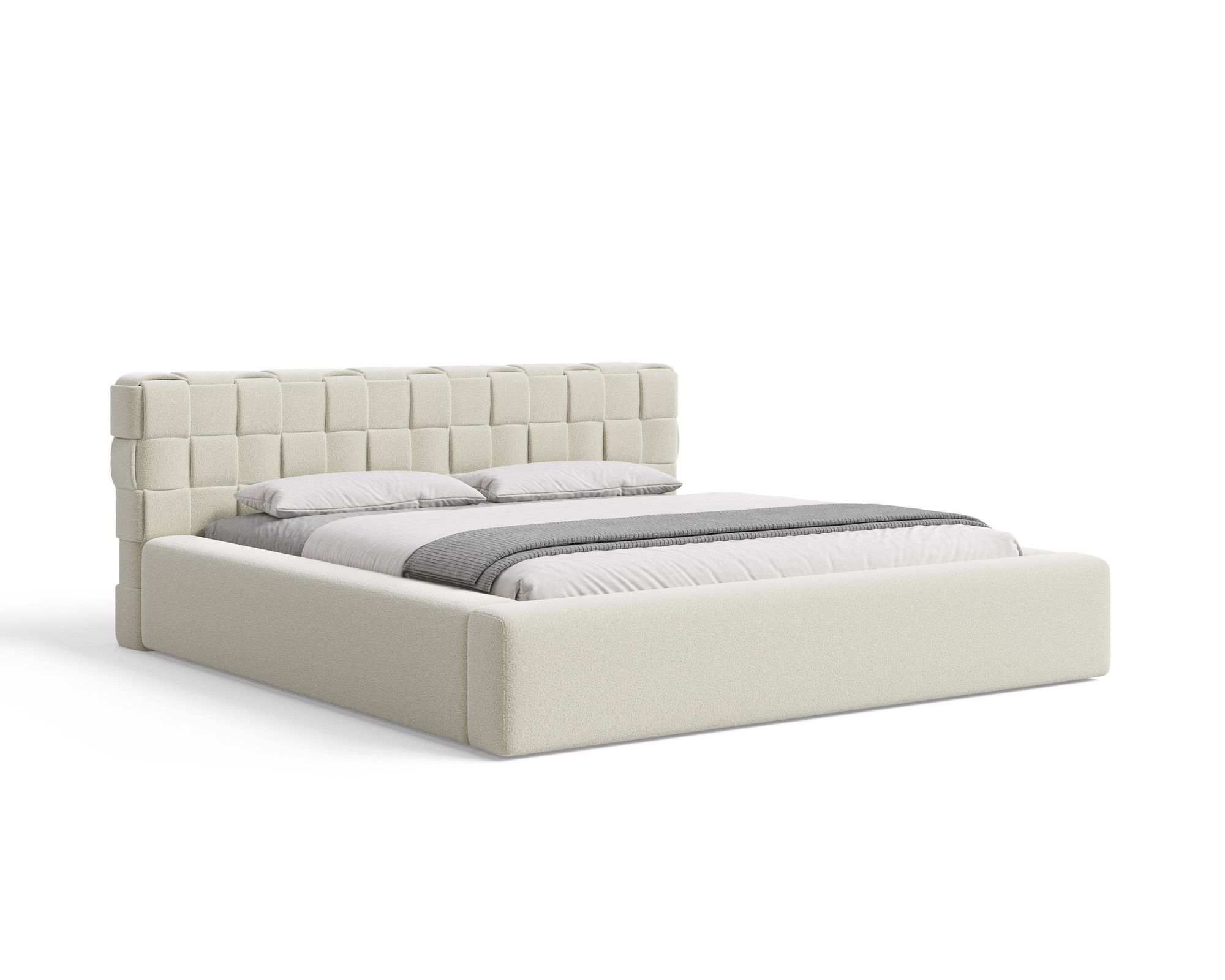 Chilly Möbel Design Bett Cube - Geometrisches Polsterbett mit Stauraum, Lattenrost und stabilem Metallrahmen 140x200 cm / Bouclé / Beige