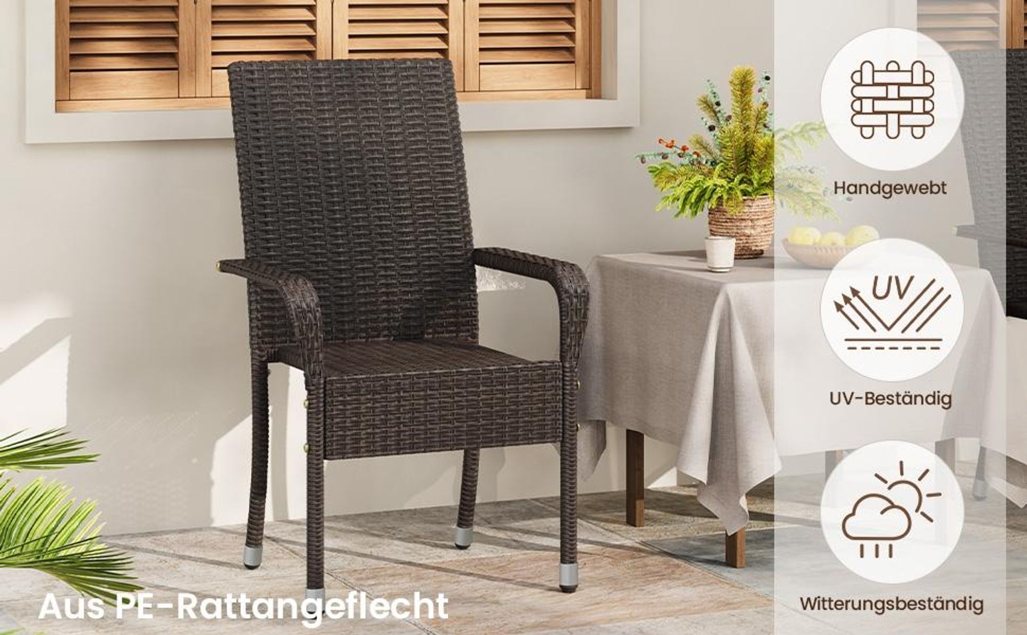 Yaheetech 2er Set Gartenstuhl aus Polyrattan, stapelbare Rattan-Stühle, mit Armlehnen & Rückenlehne, verstellbare Schutzfüße, Braun