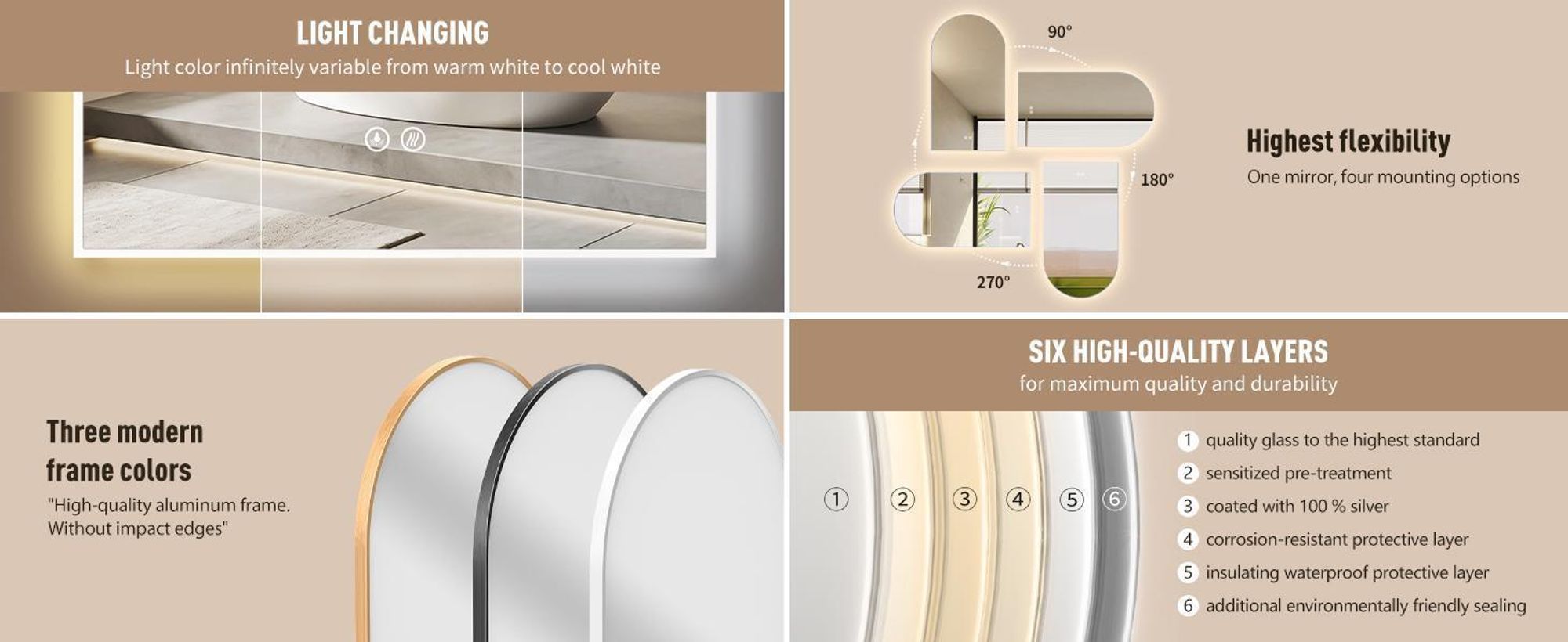 HOKO Miroir arqué LED avec cadre métallique 60x100 cm Anti-buée Blanc chaud & Blanc froid Salle de bain & couloir Capteur tactile & fonction mémoire
