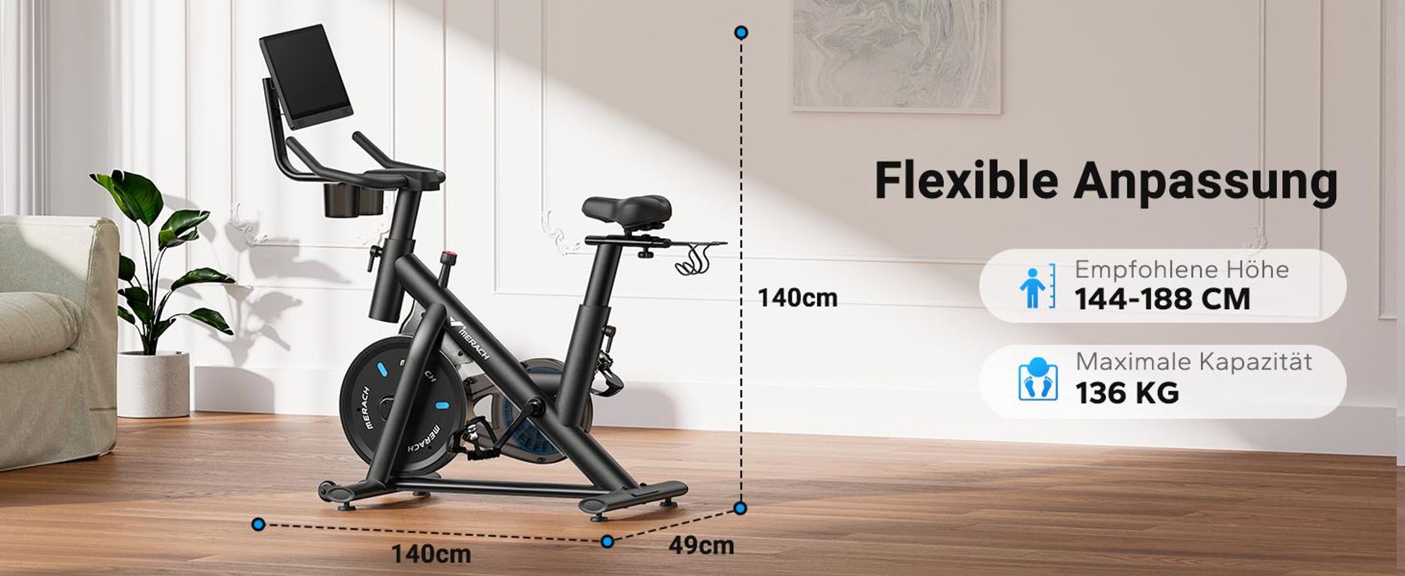 Heimtrainer Fahhrad für Zuhause, leises Fitnessbike mit HD-Screen, Magnetischer Widerstand, 8 Widerstandsstufen, bis 136 KG belastbar