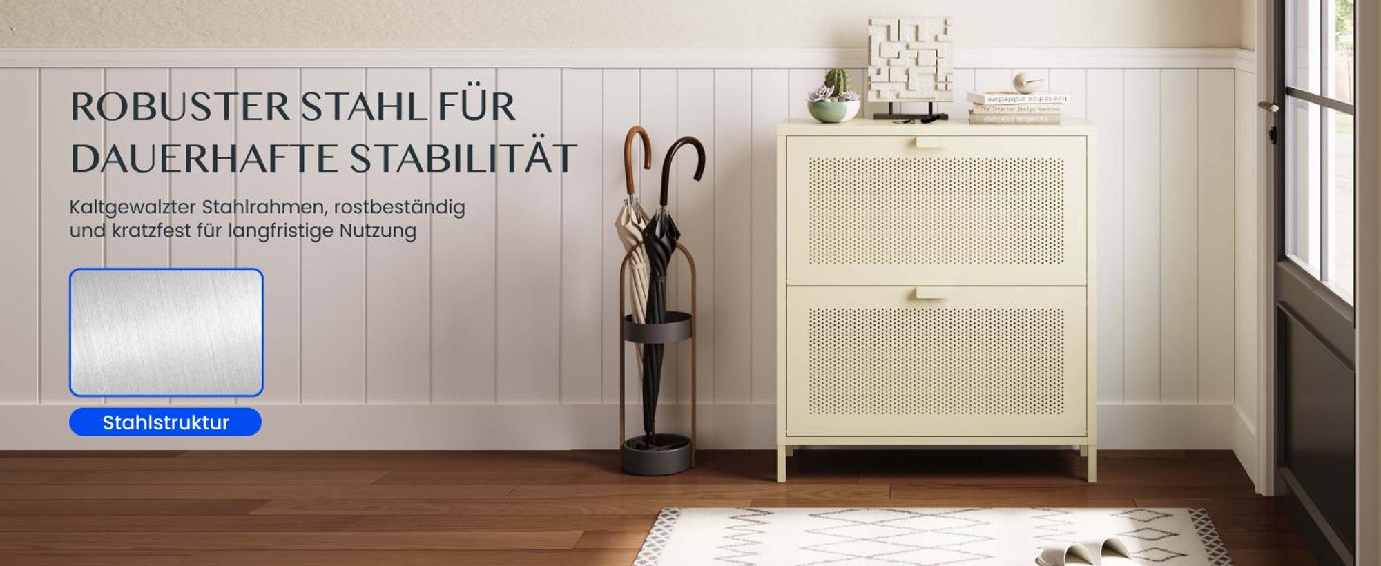 FLEXISPOT Schuhschrank Metall mit 2 Klappen, platzsparender Schuhkipper mit Belüftungslöchern, stabile Stahlkonstruktion, Cremegelb