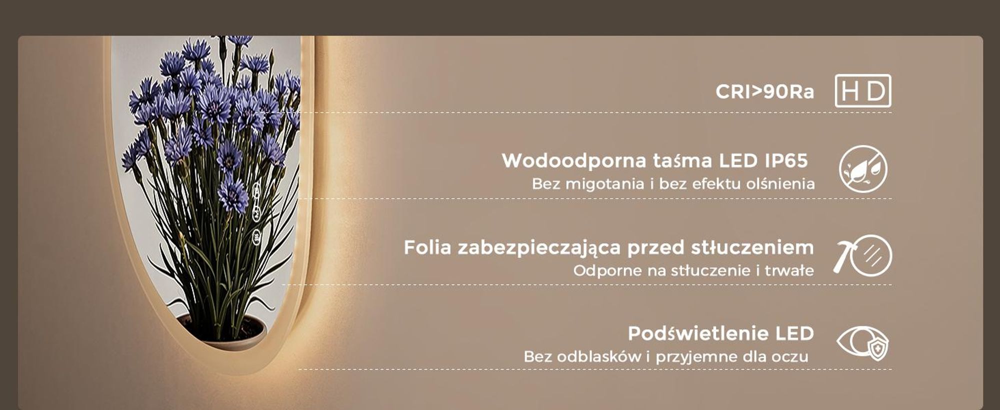 Lustro łazienkowe S'AFIELINA, oświetlane, 60x80 cm, asymetryczne, bez ramki, LED, 3 barwy światła, możliwość regulacji jasności, funkcja zapobiegająca parowaniu, funkcja pamięci