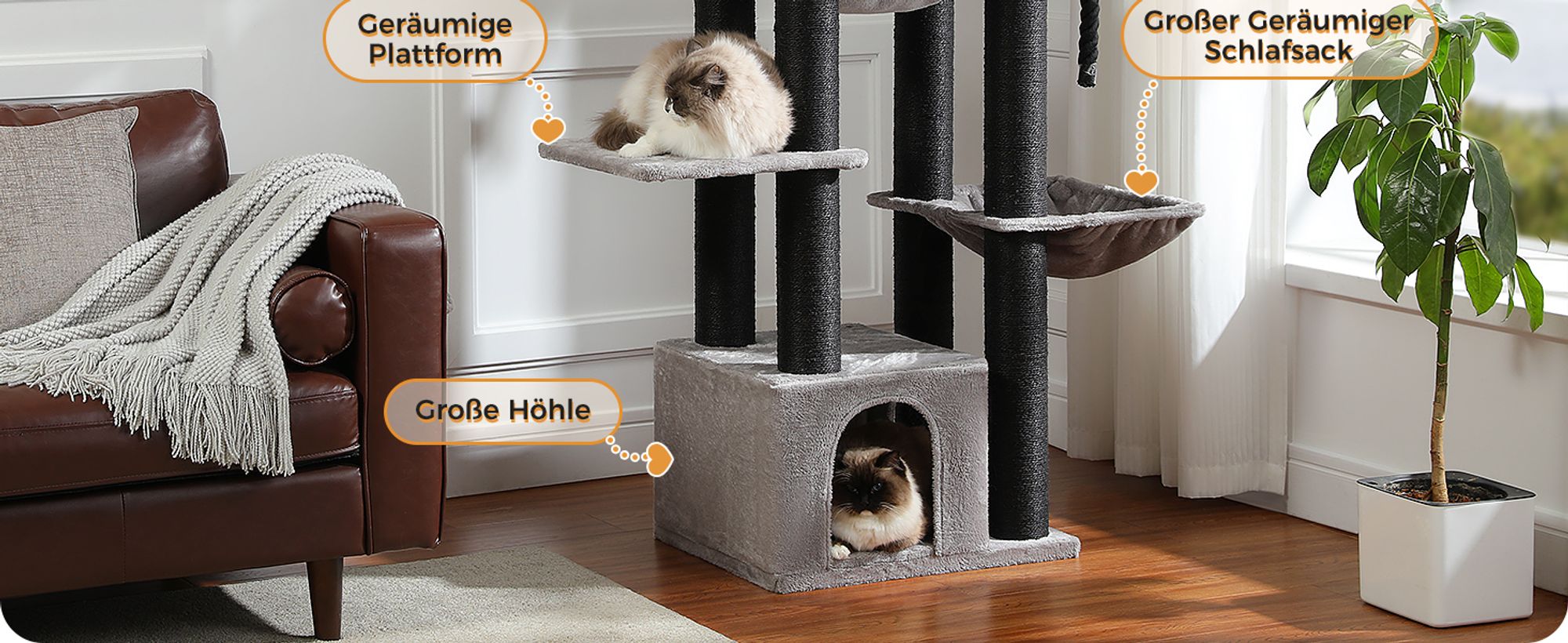 PAWZ Road Kratzbaum Grosse Katzen stabil mit 11cm Stämme, Kratzbaum XXL 170cm