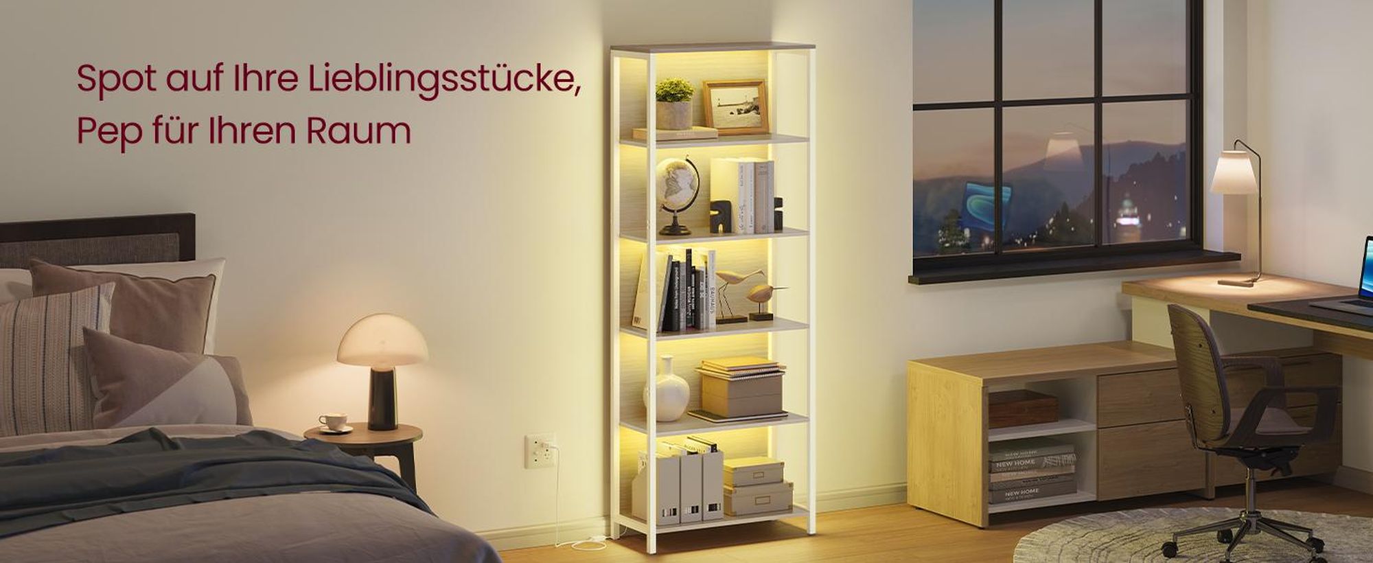 VASAGLE Bücherregal mit 6 Ebenen, Standregal mit einstellbarer LED-Beleuchtung, für Wohnzimmer