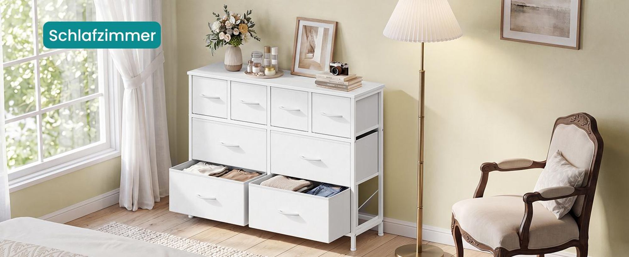 SONGMICS Kommode mit 8 Stoffschubladen, Aufbewahrungsschrank mit Metallrahmen, 98,7 x 30 x 74,7 cm, Weiß