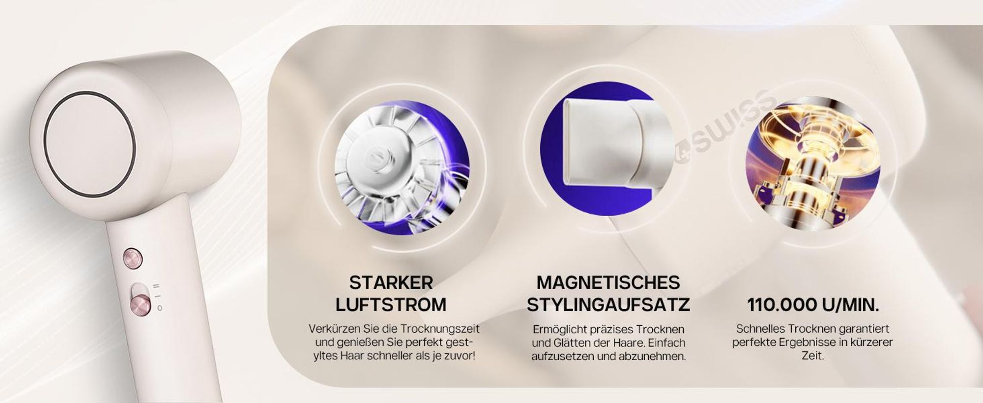 4Swiss F424 AirPower+ Haartrockner, 8 Trocknungsmodi, 110 000 U/min, Ionen >500 Millionen, magnetische Stylingspitze, leise und leicht.