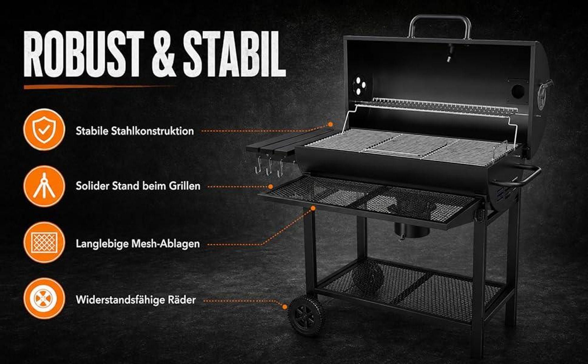 THE BLACK BEAST Holzkohlegrill Grillwagen - Kohlegrill BBQ Smoker mit Deckel, Thermometer und Schorn