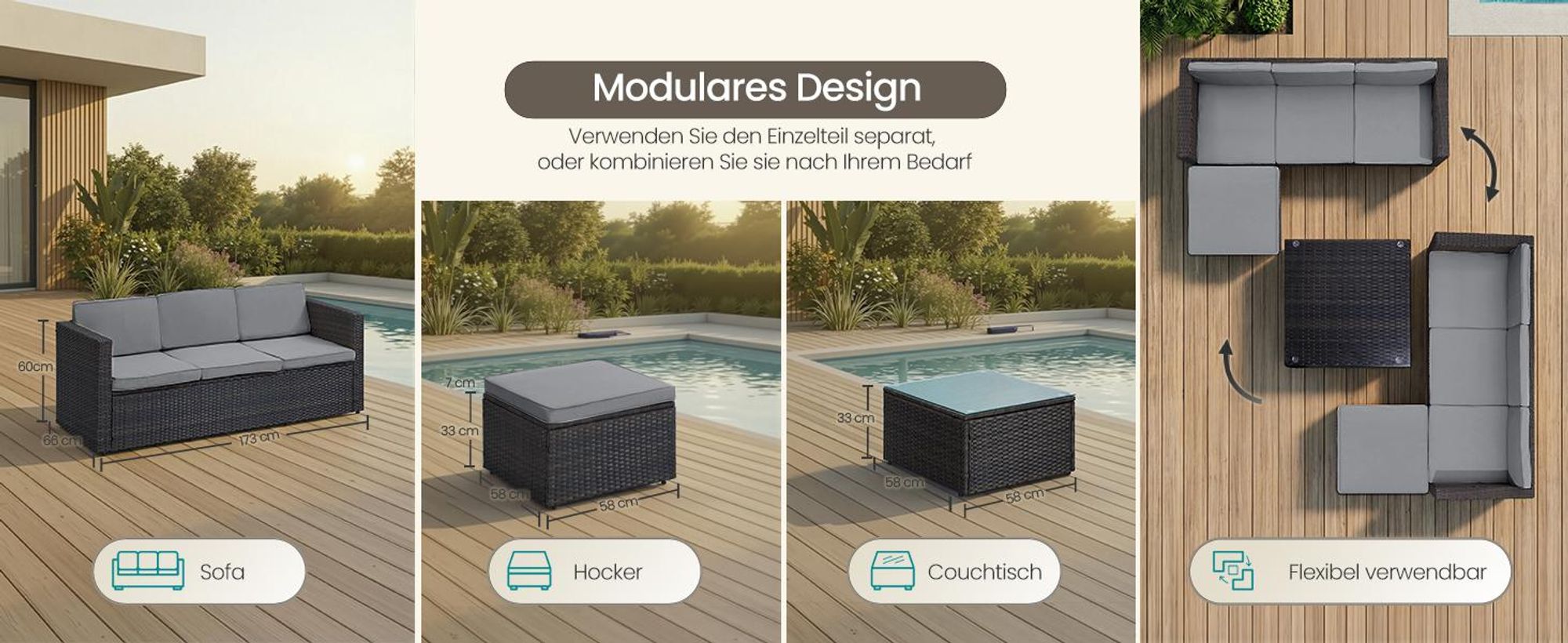 SONGMICS (5-tlg) Gartenlounge-Set, Tisch, Fußhocker und Sofa, mit Kissen, schwarz-grau