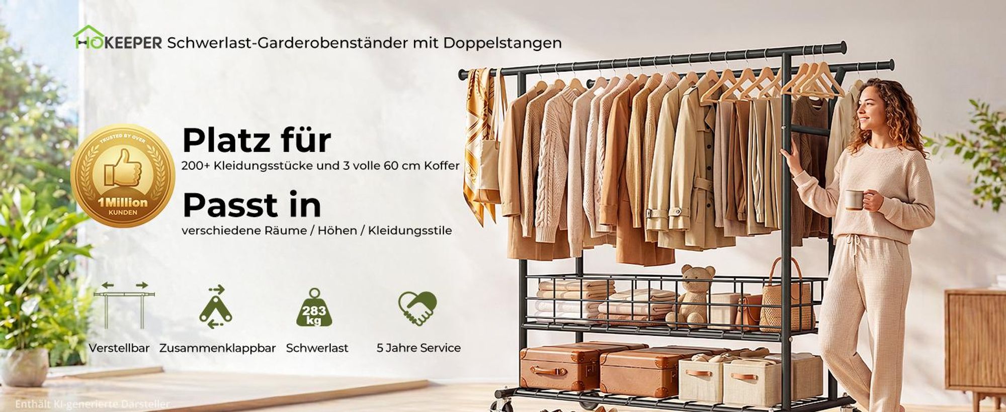 HOKEEPER Schwerlast Kleiderständer auf Rollen, Doppelter Kleiderstange,bis 283 kg belastbar (D004K)