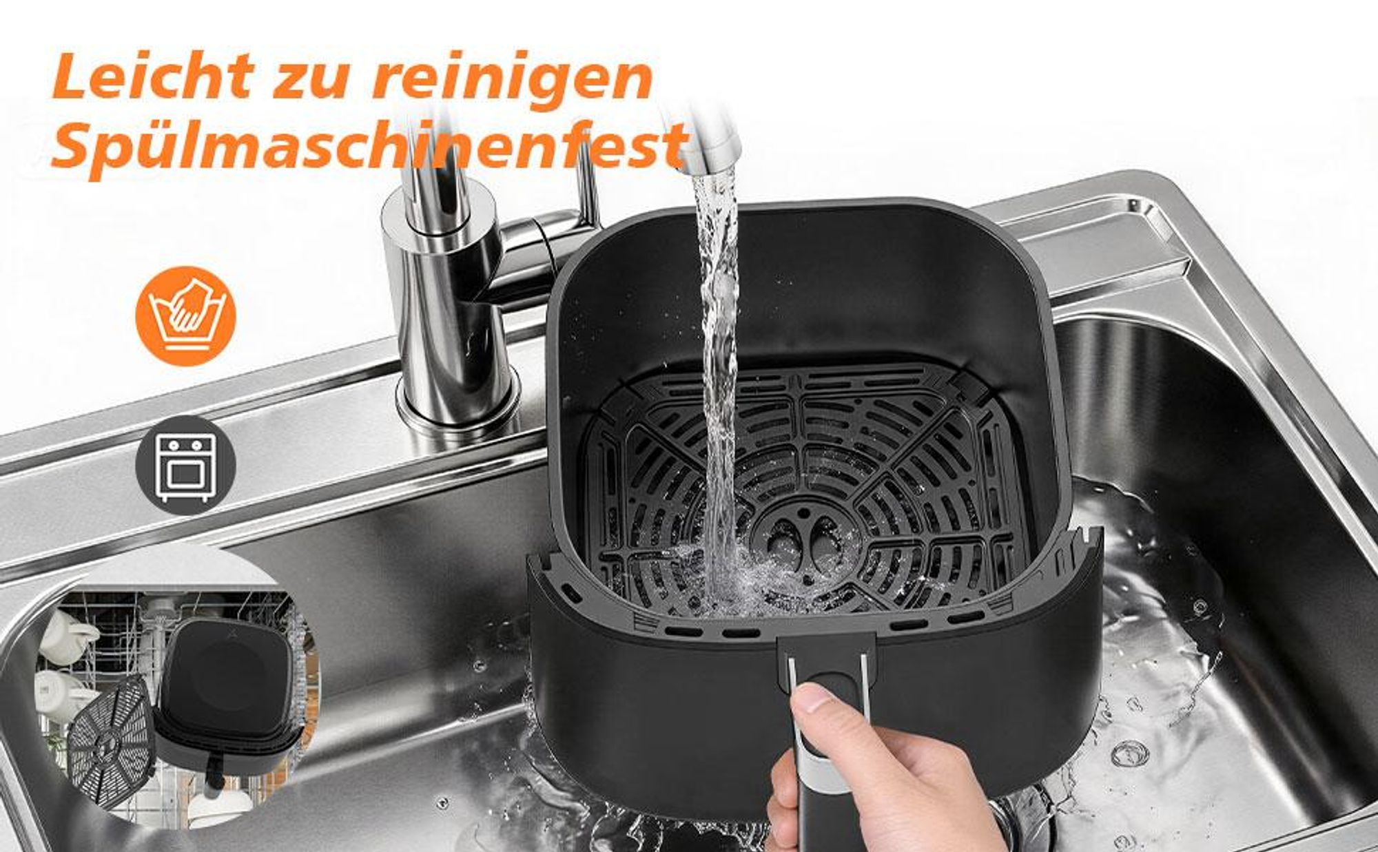 Heißluftfritteuse, 6 Liter, 9 Kochprogramme, Temperaturbereich 40–200 °C, Warmhaltefunktion, antihaftbeschichteter Korb spülmaschinenfest