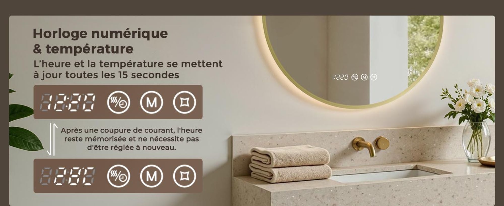 S'AFIELINA Miroir Salle de Bain LED Rond 70 cm avec Éclairage, cadre doré, 3 températures de couleur, variateur, antibuée, horloge & température