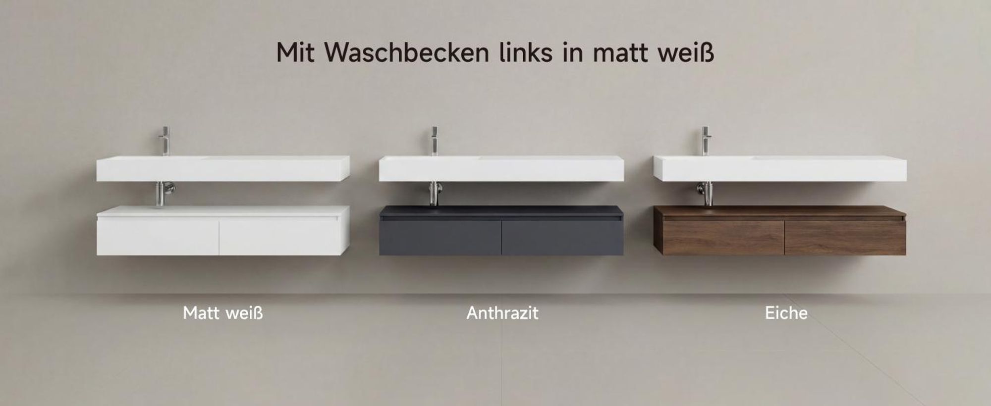 Mai & Mai Badmöbelset Waschtisch mit Unterschrank Eiche 150x48x25cm inkl. Mineralguss-Waschbecken in matt Anthrazit und LED-Badspiegel UP