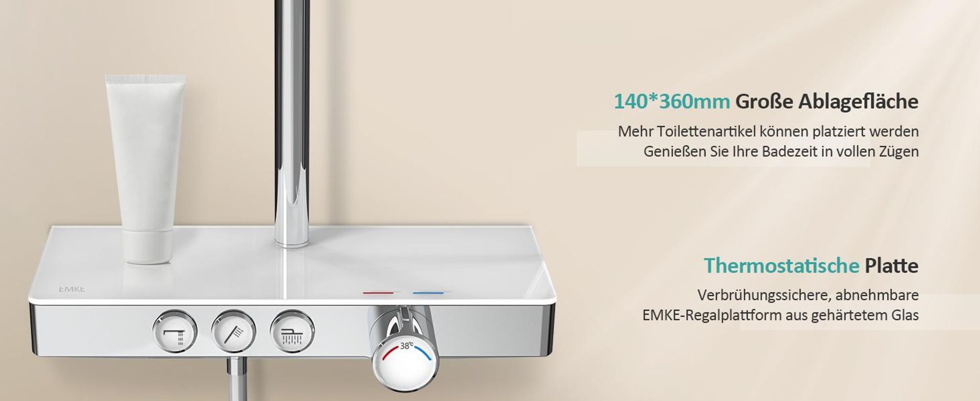 EMKE Duschsystem mit Thermostat Glasablage Handbrause 3 Strahlarten Regendusche, Bad- & Duscharmaturen, Wandmontage, KTW-, Chrom - F09