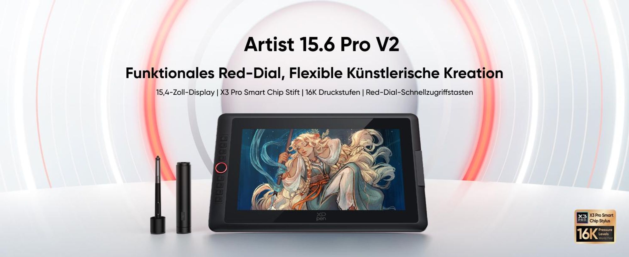 XPPen Artist 15.6 Pro V2, Kabelgebunden, 5080 lpi, 340,99 x 191,81 mm, USB, 1 cm, Stift, Berührung