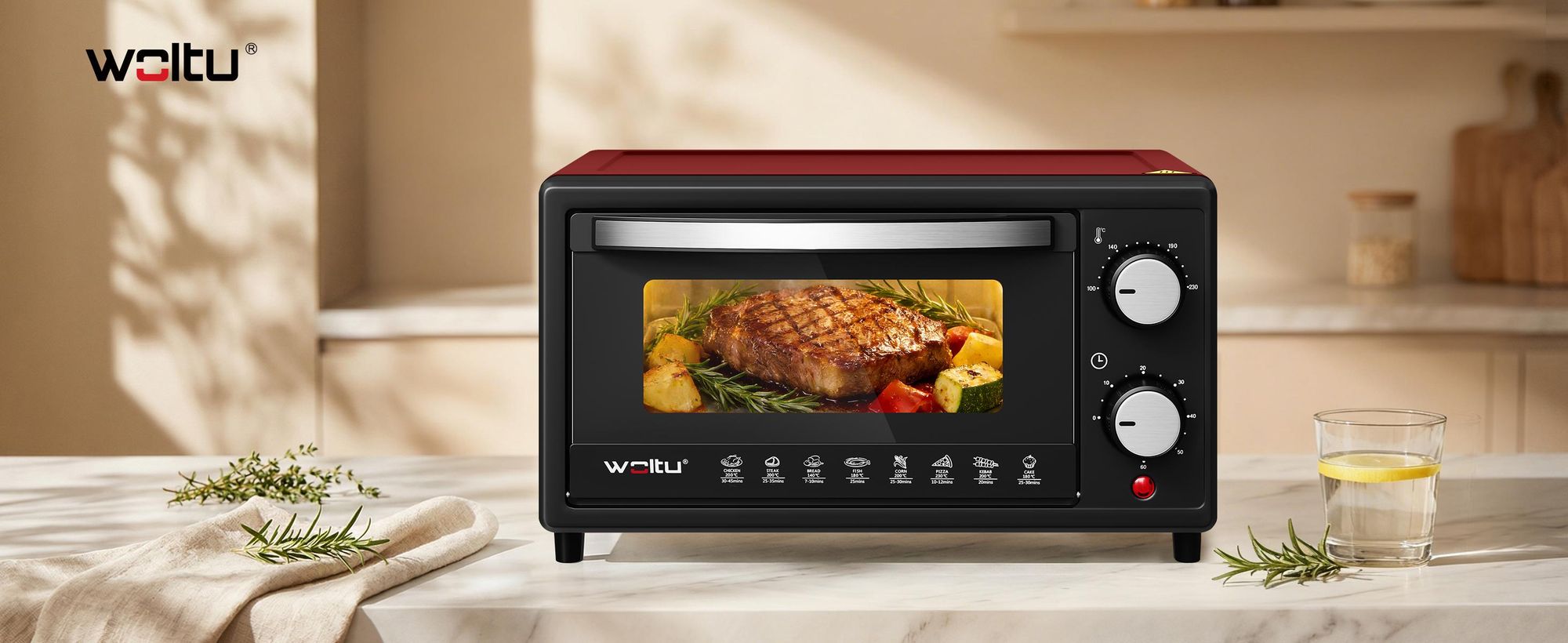 WOLTU Mini Backofen 10 Liter, kleiner Backofen, Pizza-Ofen, 100-230 °C, Timer 0-60 Min., Miniofen mit Backblech Grillrost Entnahmegriff, Rot